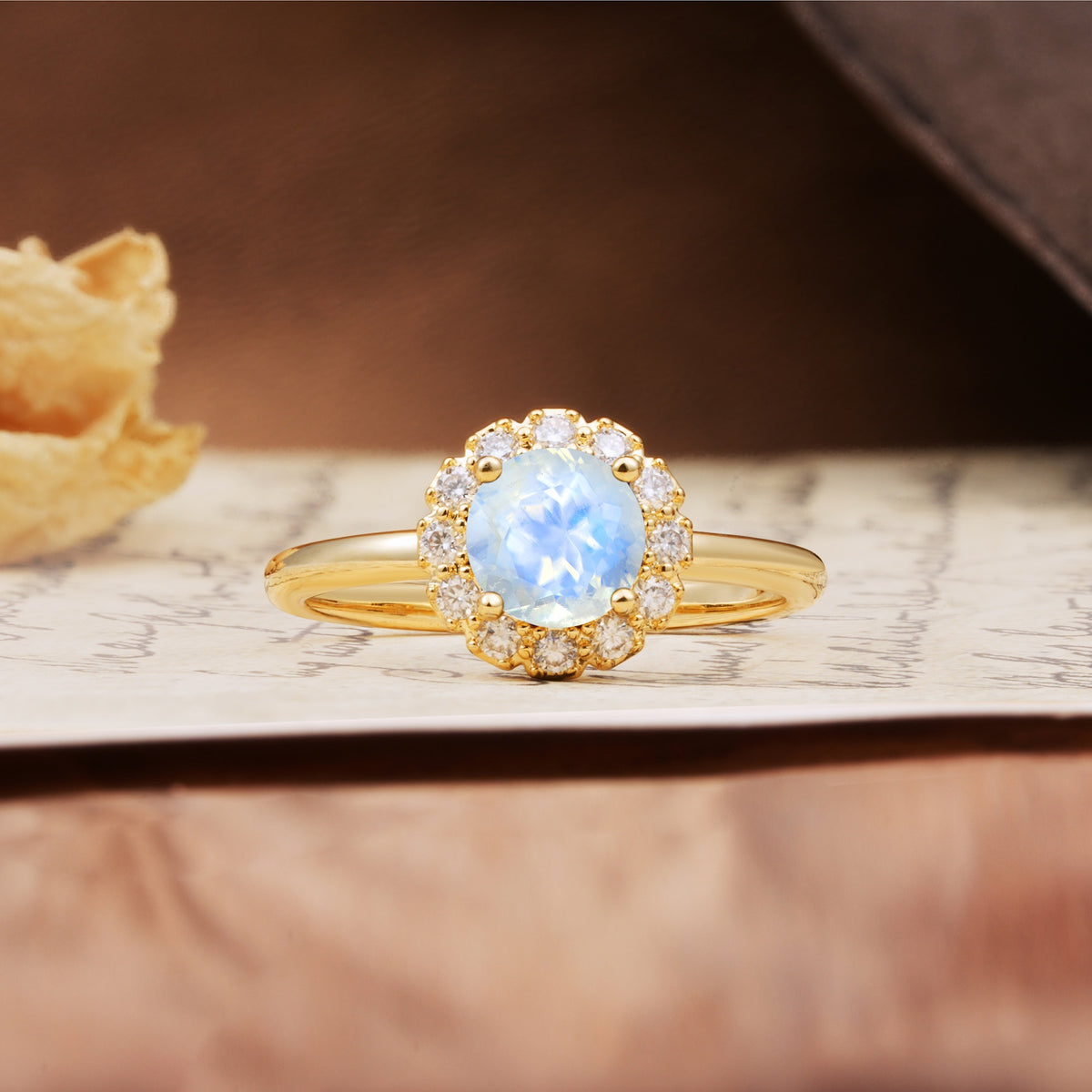 Classic Retro Unique 4-Prong Round Cut Moonstone Engagement Ring - Additional view