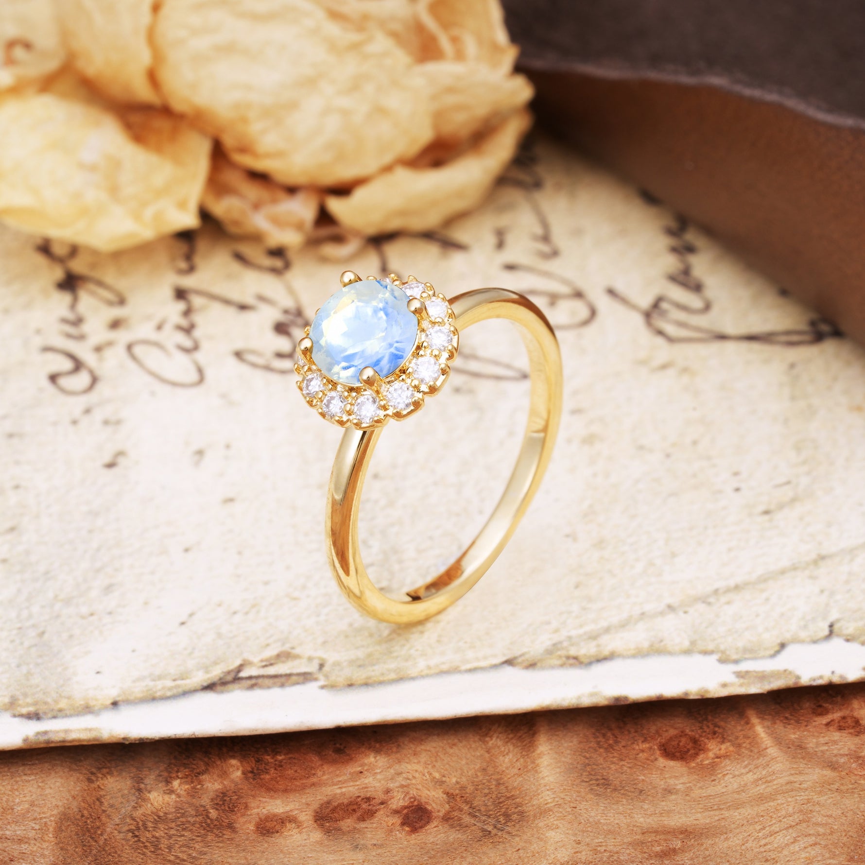 Classic Retro Unique 4-Prong Round Cut Moonstone Engagement Ring - Additional view