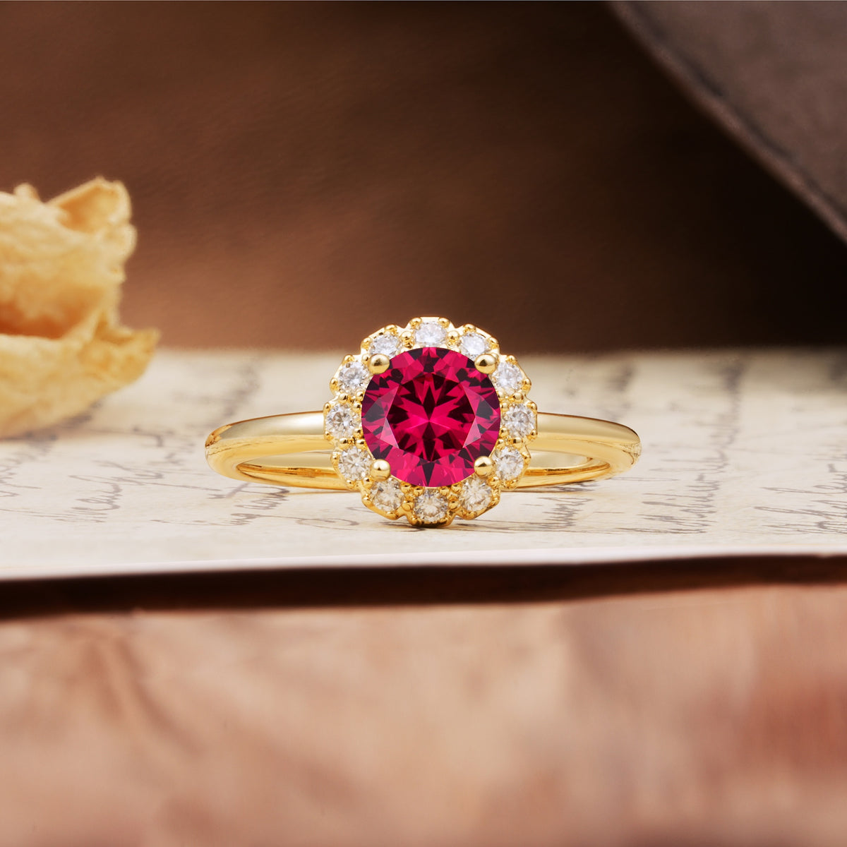 Classic Retro Unique 4-Prong Round Cut Ruby Engagement Ring - Additional view
