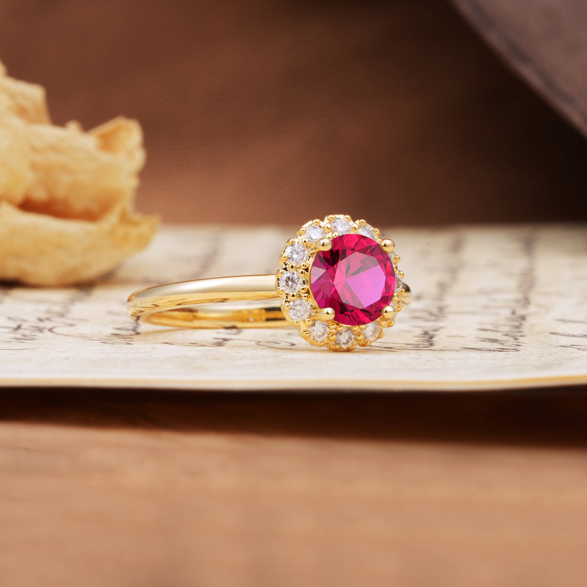 Classic Retro Unique 4-Prong Round Cut Ruby Engagement Ring - Additional view
