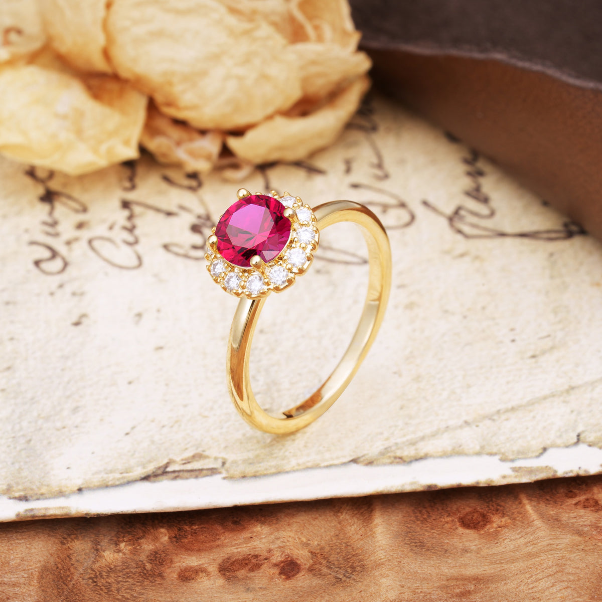 Classic Retro Unique 4-Prong Round Cut Ruby Engagement Ring - Additional view