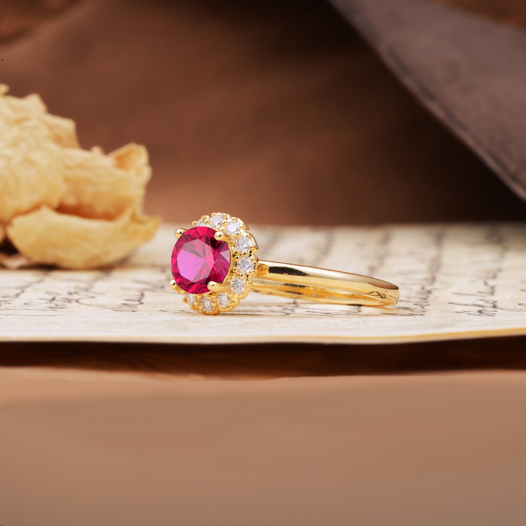 Classic Retro Unique 4-Prong Round Cut Ruby Engagement Ring - Additional view