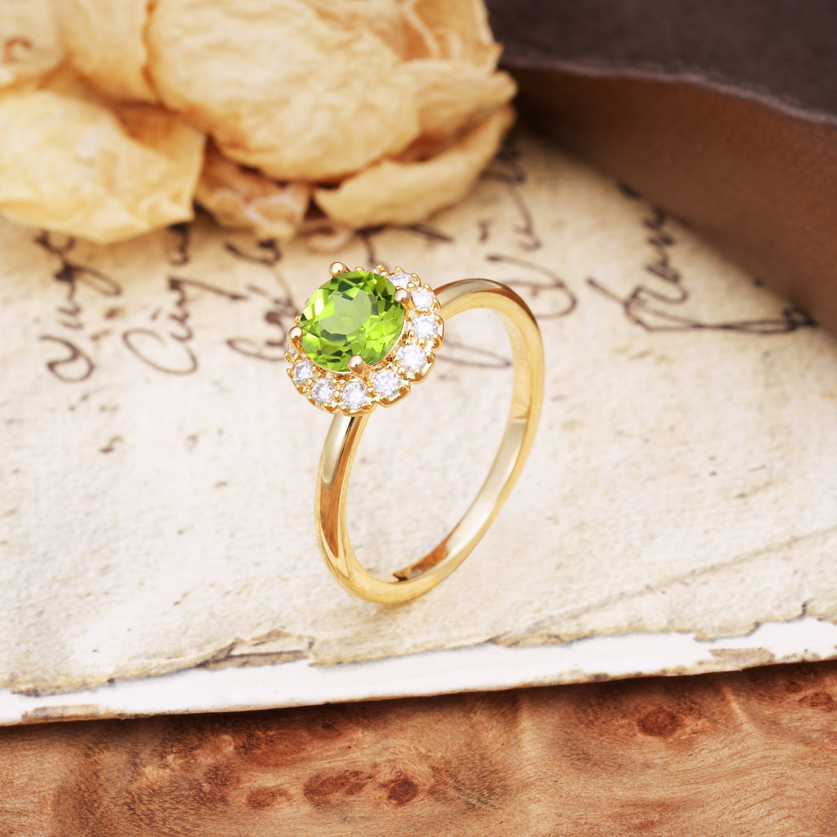Classic Retro Unique 4-Prong Round Cut Peridot Engagement Ring - Additional view