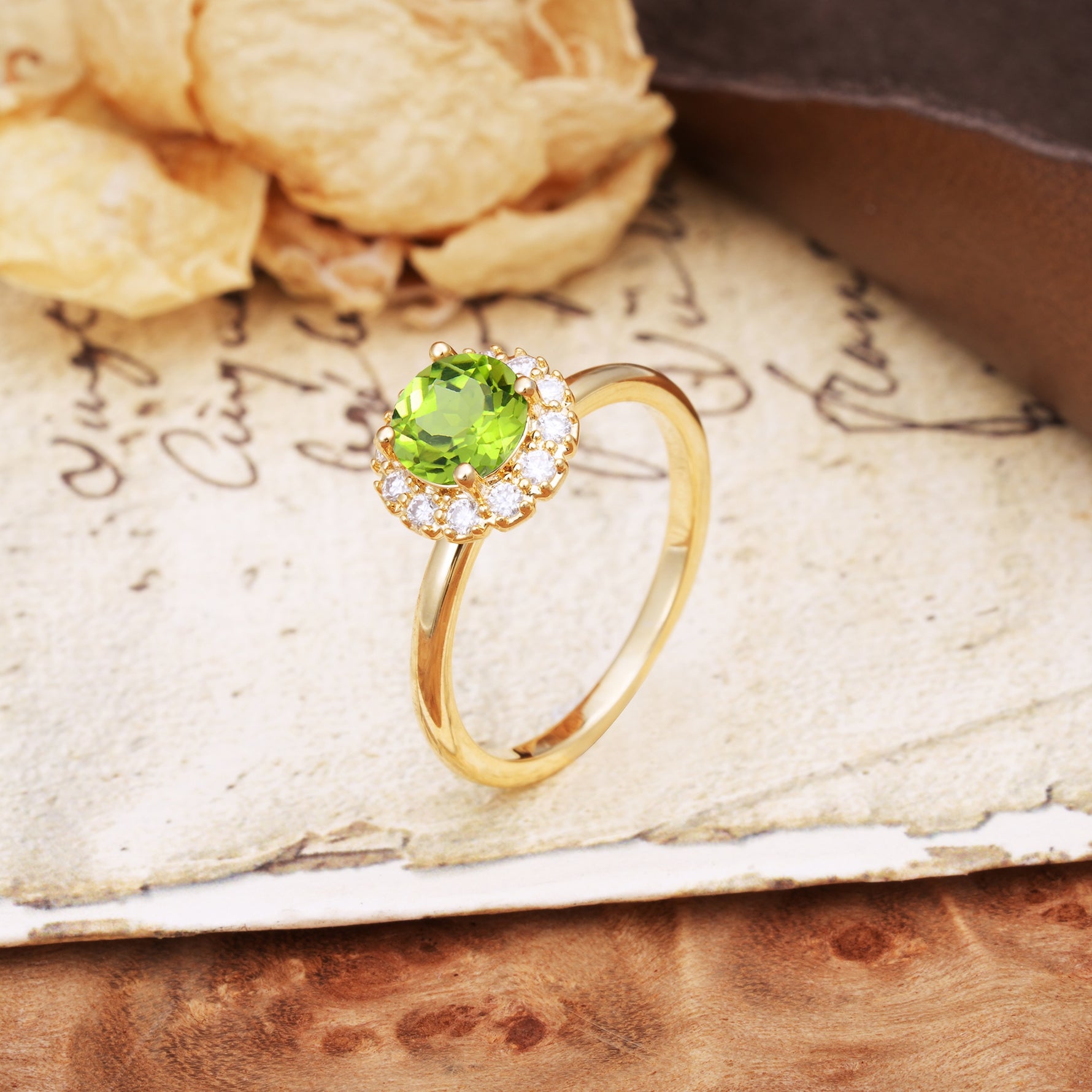 Classic Retro Unique 4-Prong Round Cut Peridot Engagement Ring - Additional view