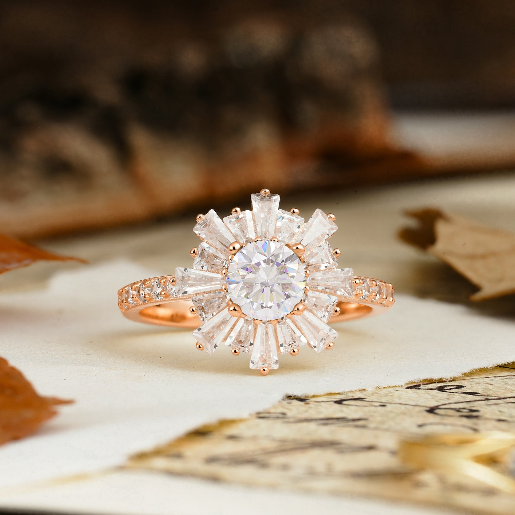 Unique and Creative Sunflower-Shaped 4-Prong Setting with Round Cut Moissanite Engagement Ring - Additional view