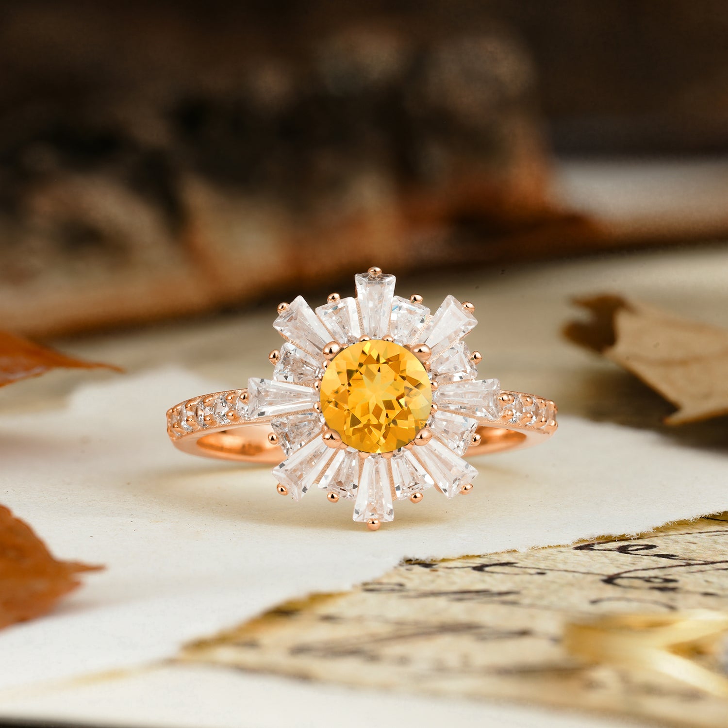Unique and Creative Sunflower-Shaped 4-Prong Setting with Round Cut Citrine Engagement Ring