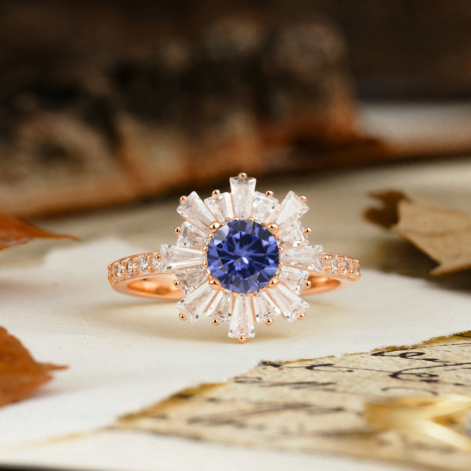 Unique and Creative Sunflower-Shaped 4-Prong Setting with Round Cut Tanzanite Engagement Ring