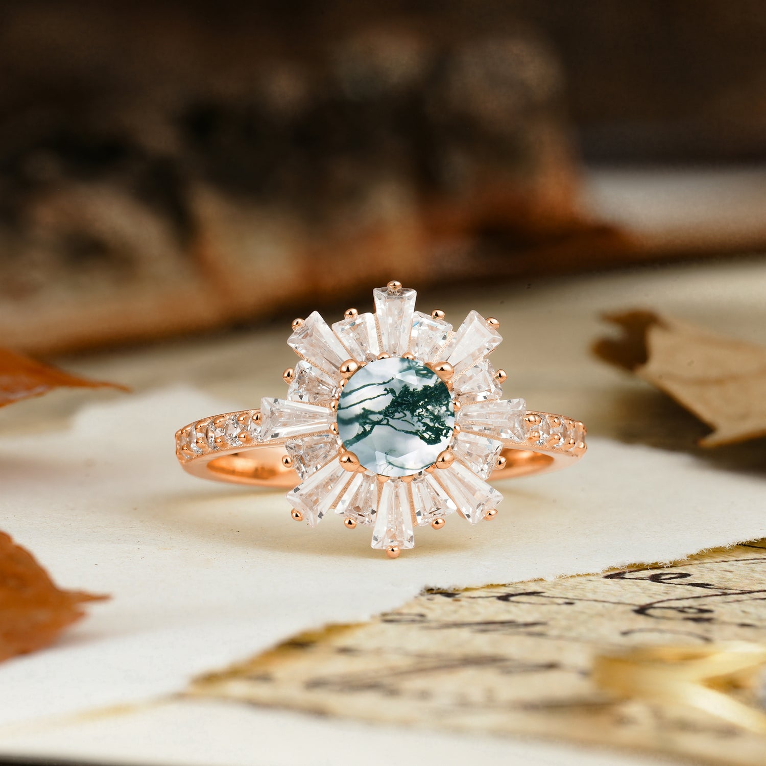 Unique and Creative Sunflower-Shaped 4-Prong Setting with Round Cut Moss Agate Engagement Ring