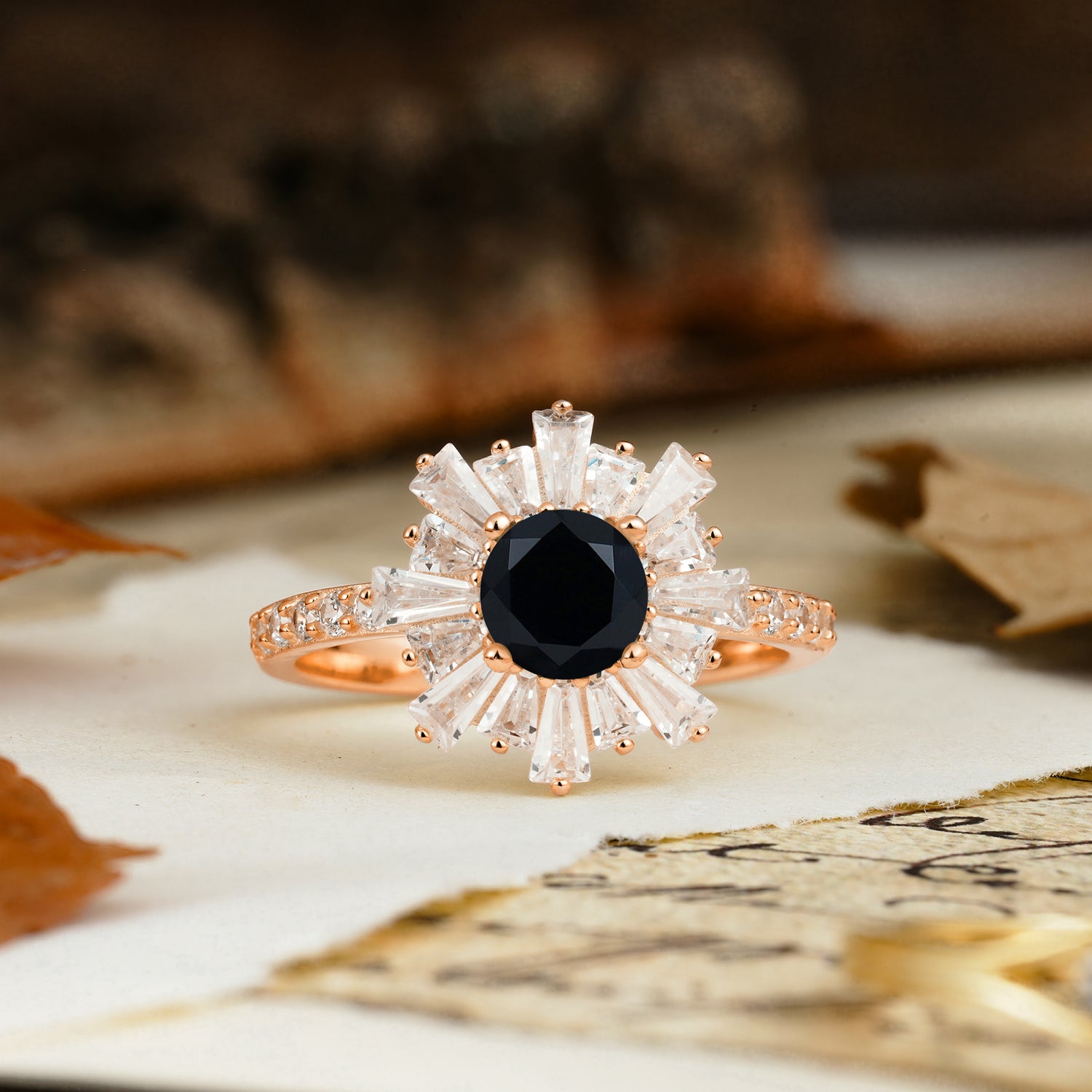 Unique and Creative Sunflower-Shaped 4-Prong Setting with Round Cut Black Onyx Engagement Ring