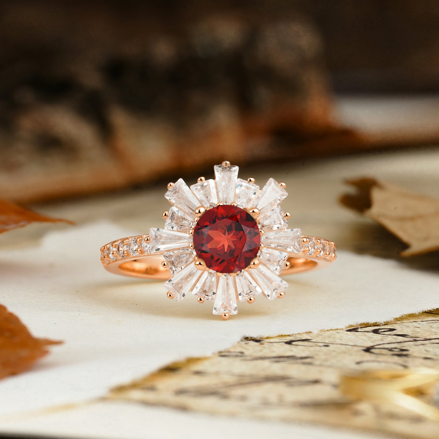 Unique and Creative Sunflower-Shaped 4-Prong Setting with Round Cut Garnet Engagement Ring