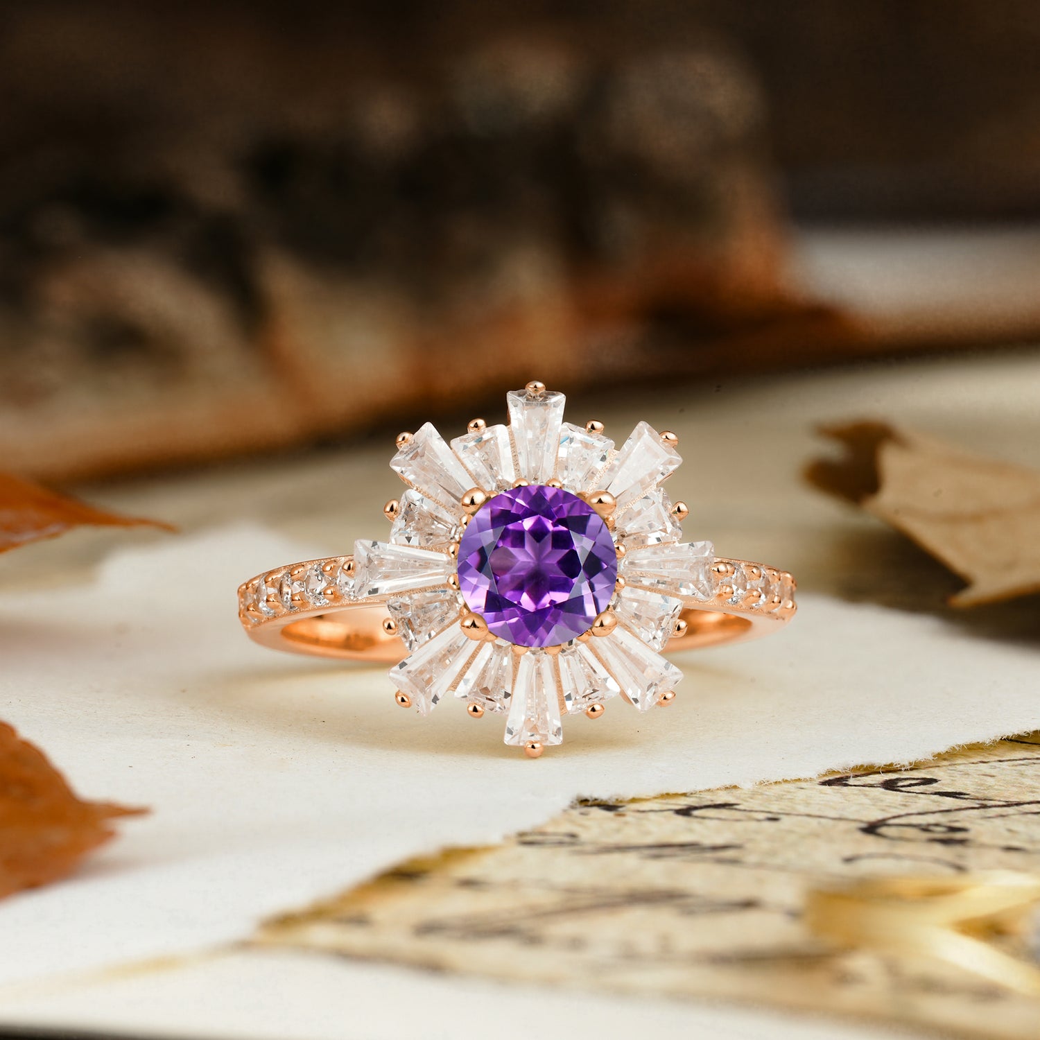 Unique and Creative Sunflower-Shaped 4-Prong Setting with Round Cut Amethyst Engagement Ring