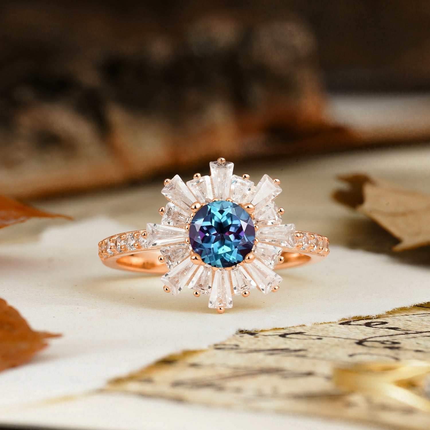 Unique and Creative Sunflower-Shaped 4-Prong Setting with Round Cut Alexandrite Engagement Ring