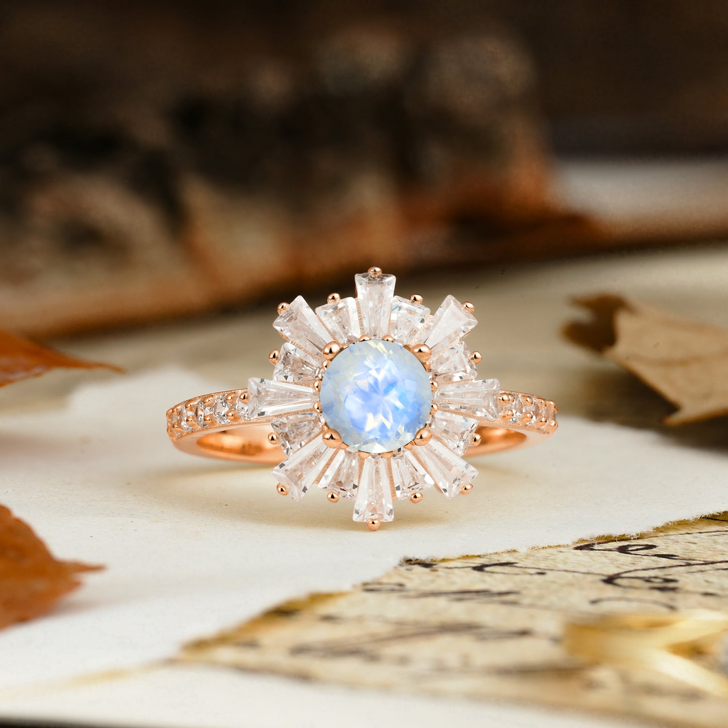 Unique and Creative Sunflower-Shaped 4-Prong Setting with Round Cut Moonstone Engagement Ring