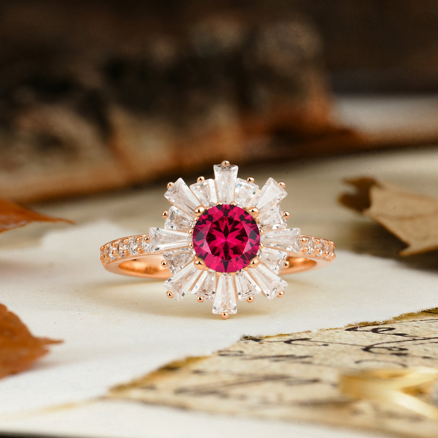 Unique and Creative Sunflower-Shaped 4-Prong Setting with Round Cut Ruby Engagement Ring