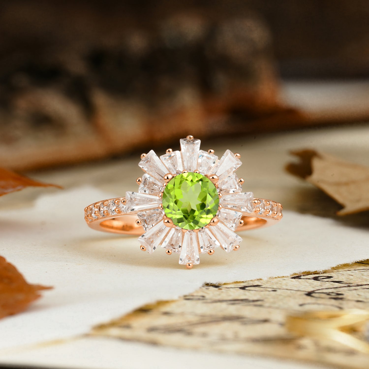 Unique and Creative Sunflower-Shaped 4-Prong Setting with Round Cut Peridot Engagement Ring