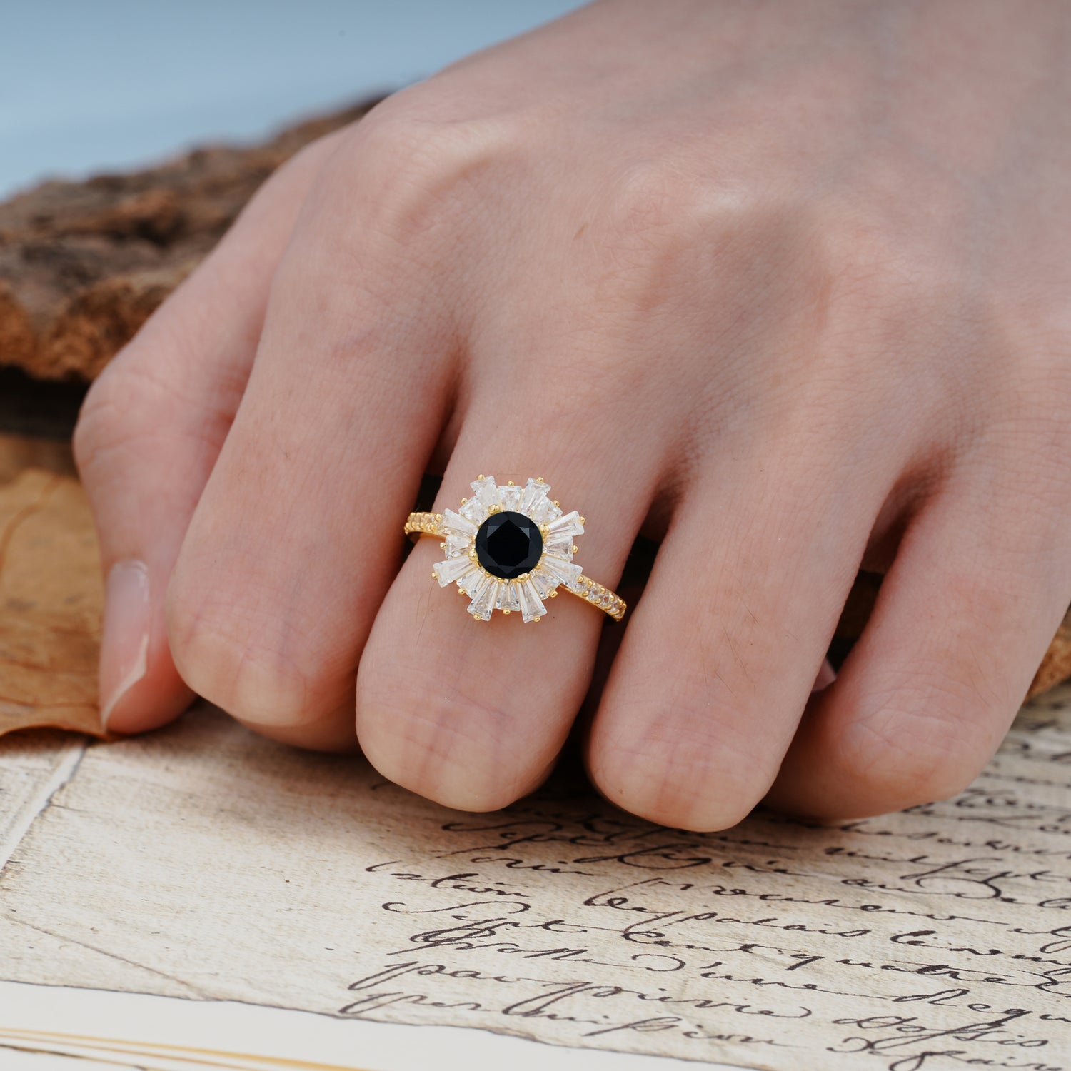 Unique and Creative Sunflower-Shaped 4-Prong Setting with Round Cut Black Onyx Engagement Ring