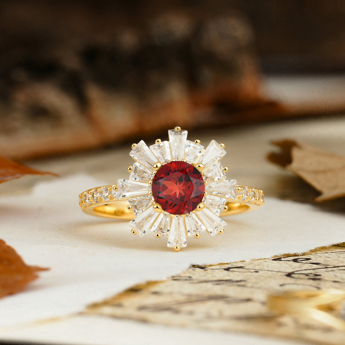 Unique and Creative Sunflower-Shaped 4-Prong Setting with Round Cut Garnet Engagement Ring