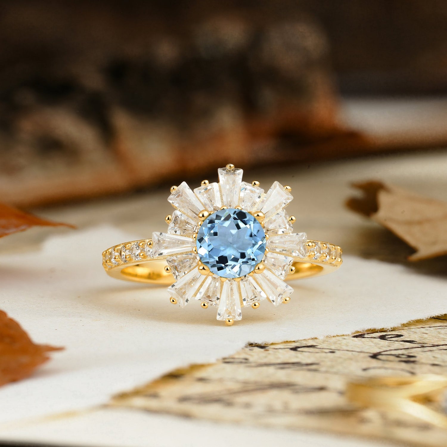 Unique and Creative Sunflower-Shaped 4-Prong Setting with Round Cut Aquamarine Engagement Ring