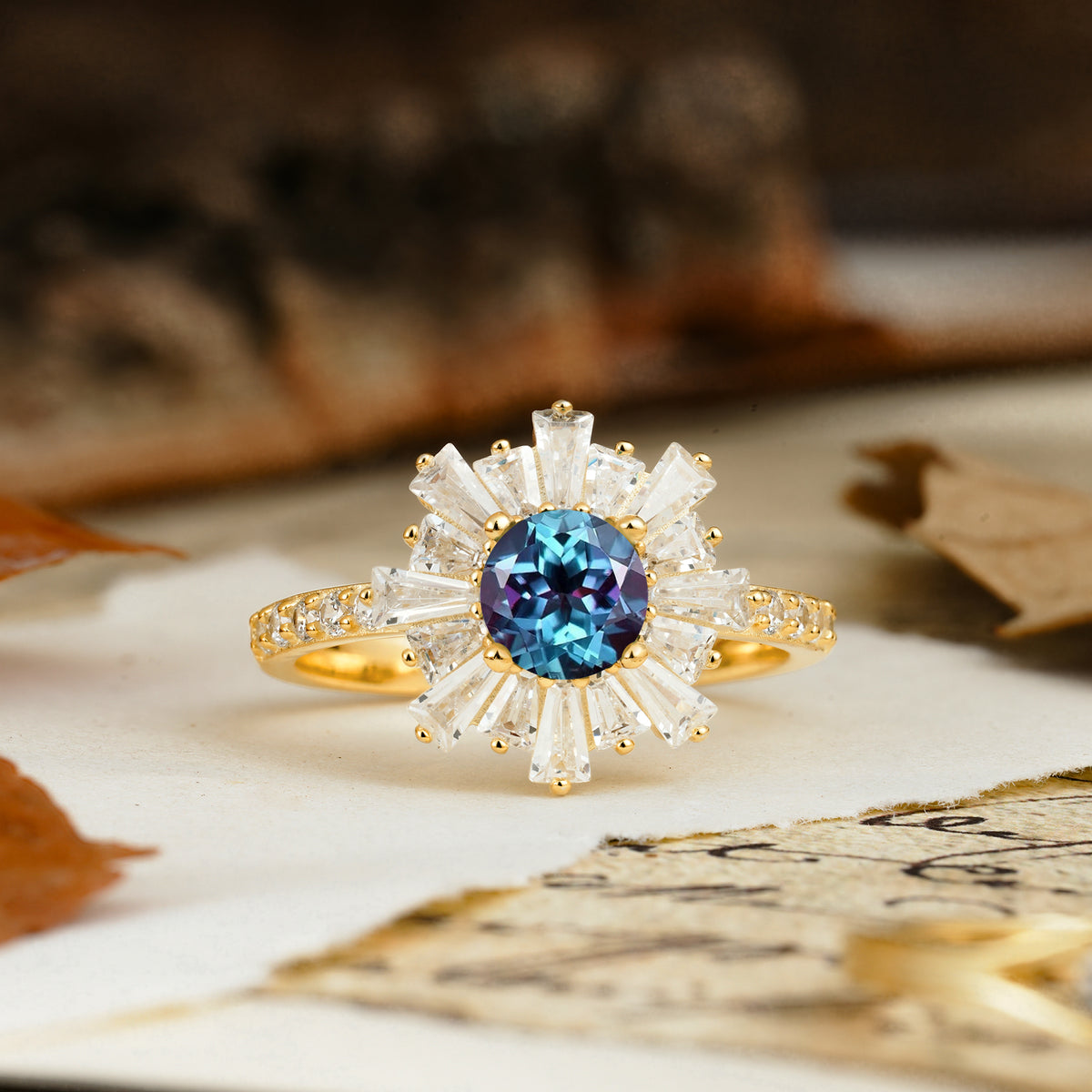 Unique and Creative Sunflower-Shaped 4-Prong Setting with Round Cut Alexandrite Engagement Ring