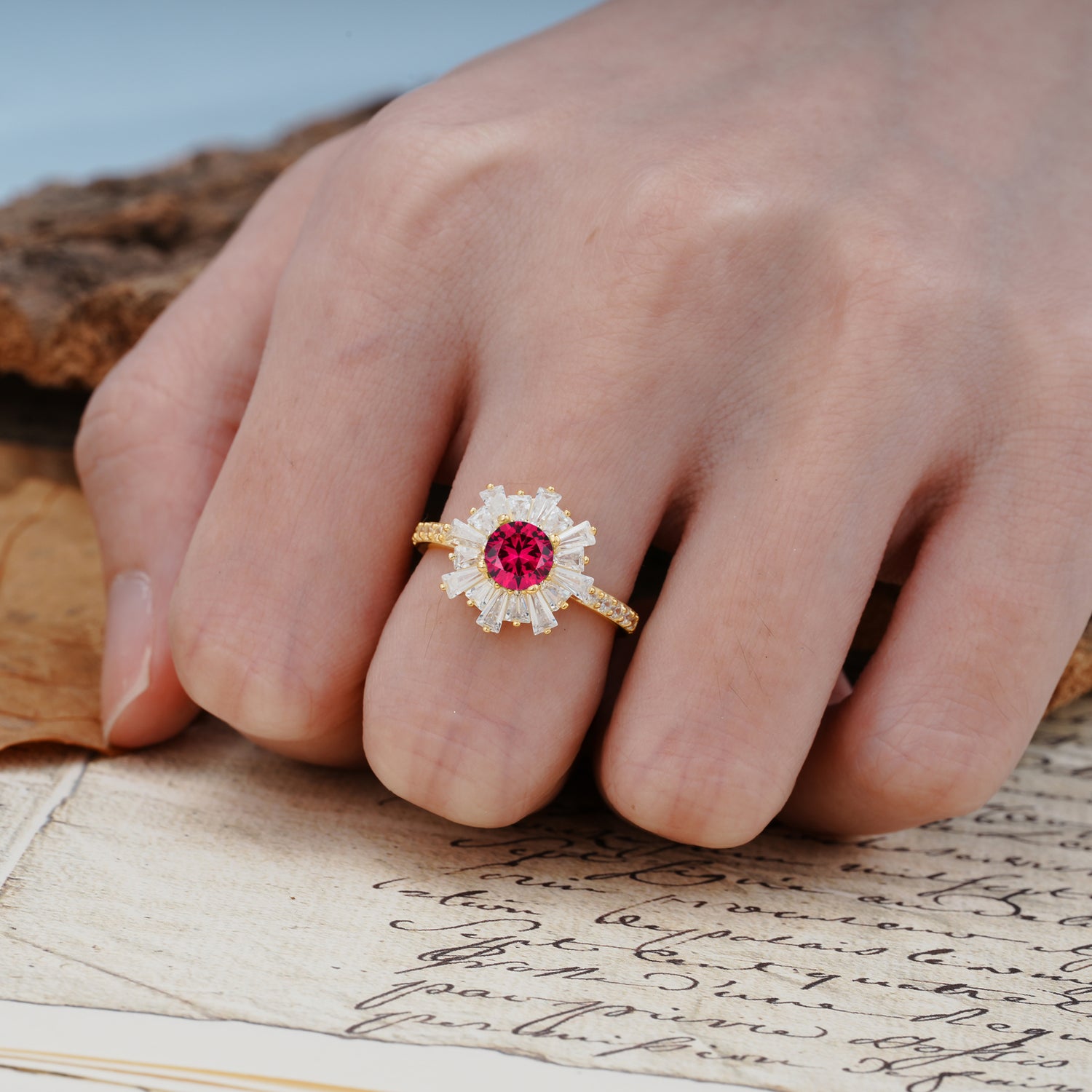 Unique and Creative Sunflower-Shaped 4-Prong Setting with Round Cut Ruby Engagement Ring