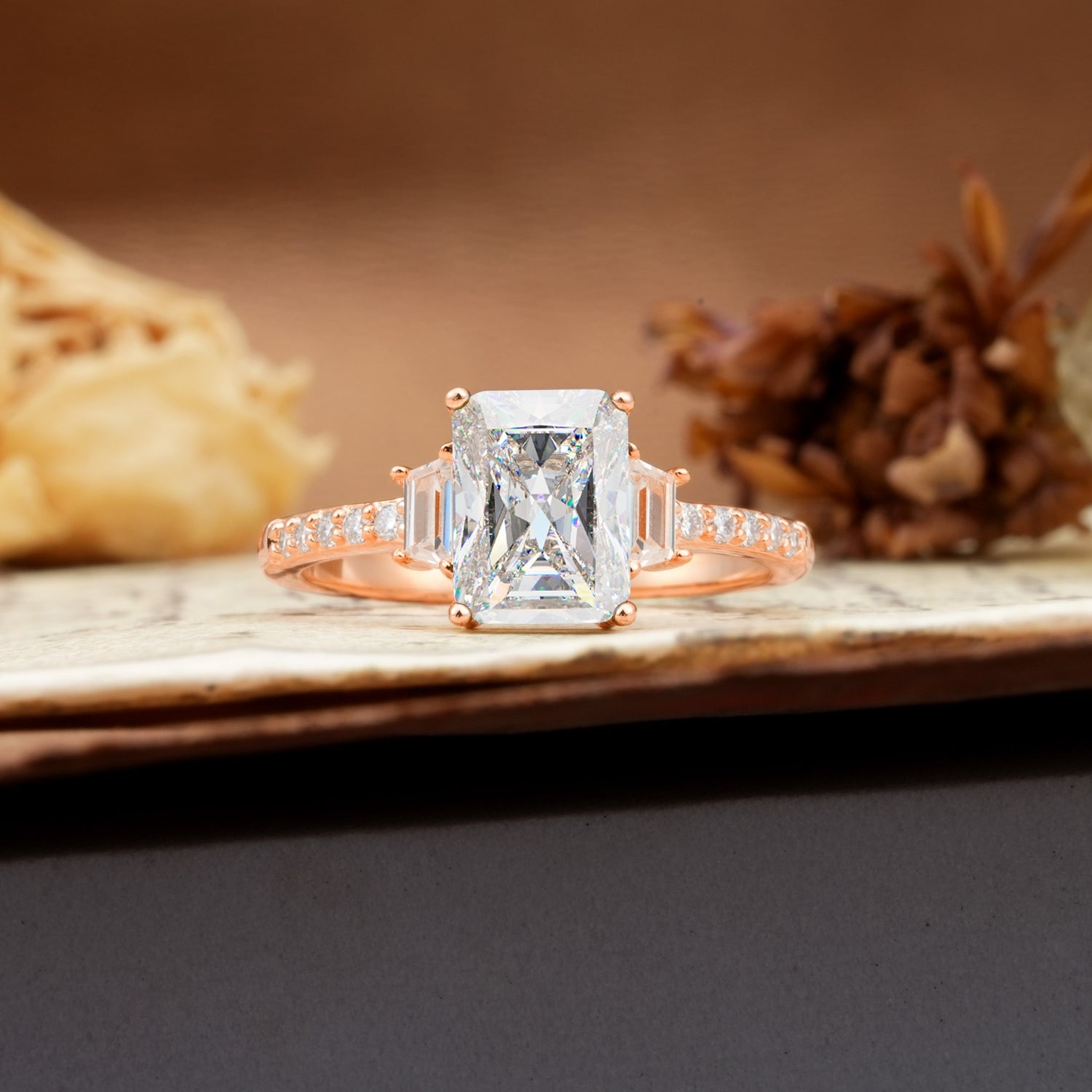 Luxurious Classic 4-Prong Emerald Cut Moissanite Three Stones Wedding Ring - Additional view