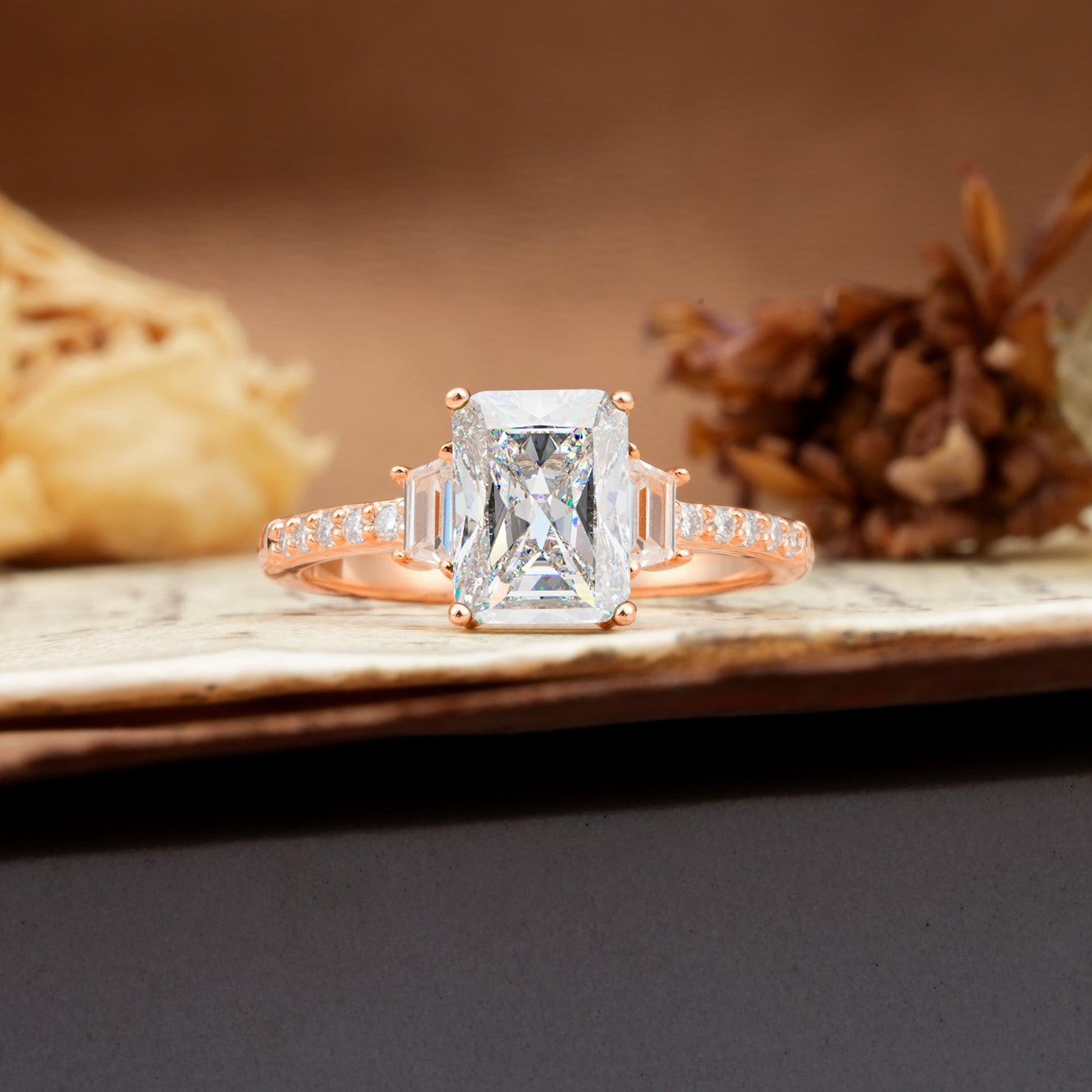 Luxurious Classic 4-Prong Emerald Cut Moissanite Three Stones Wedding Ring - Additional view