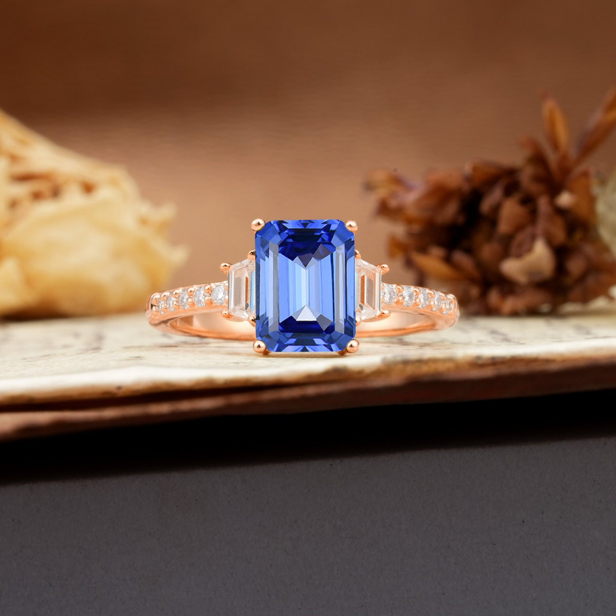 Luxurious Classic 4-Prong Emerald Cut Sapphire Three Stones Wedding Ring - Additional view