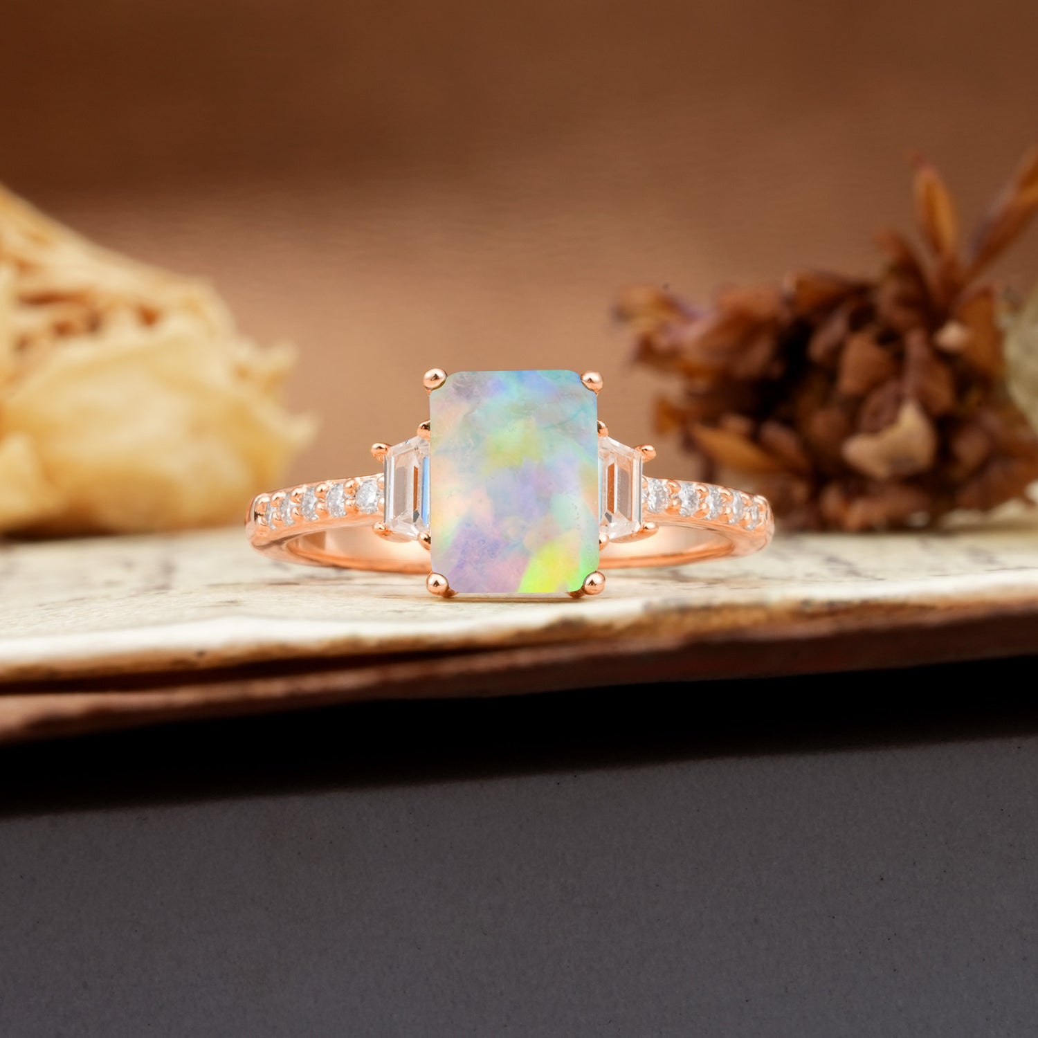 Luxurious Classic 4-Prong Emerald Cut Fire Opal Three Stones Wedding Ring