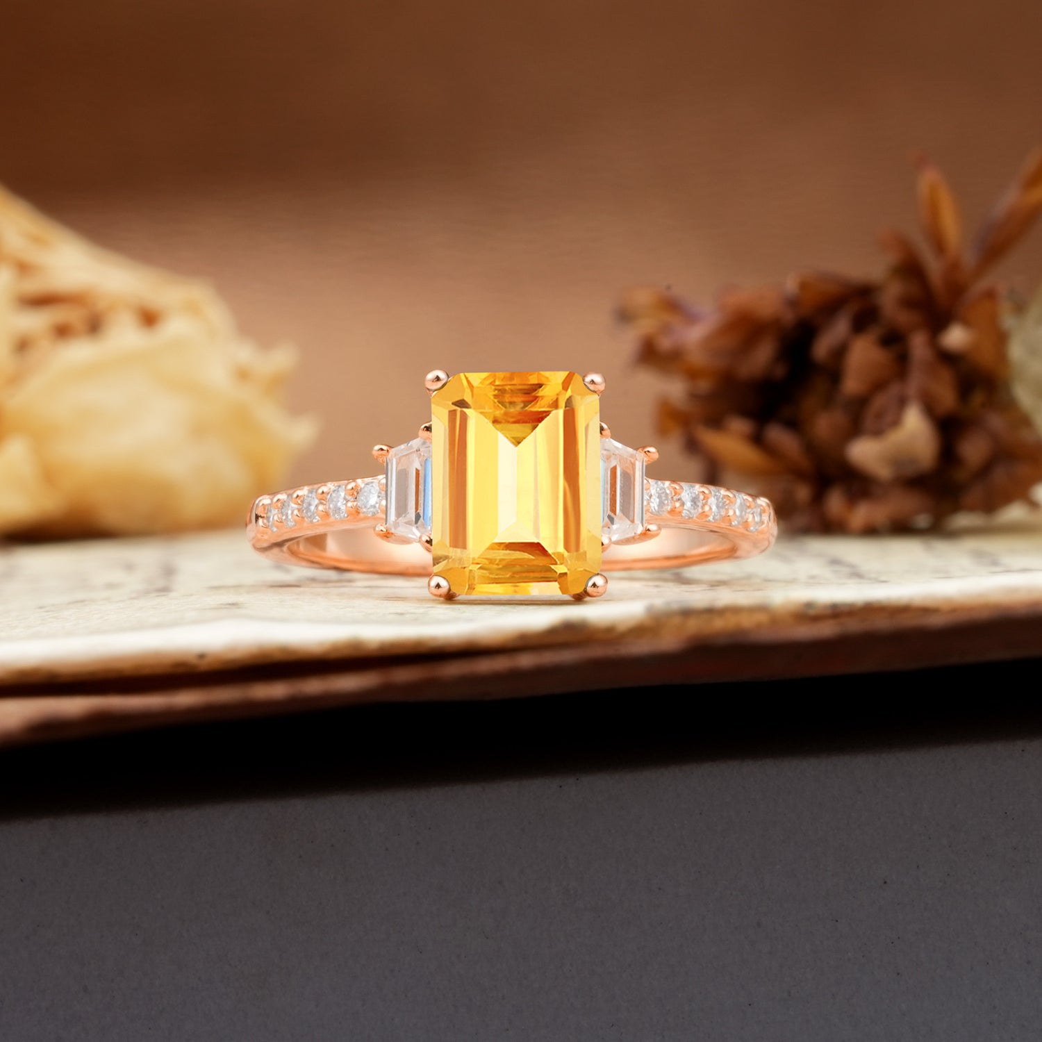 Luxurious Classic 4-Prong Emerald Cut Citrine Three Stones Wedding Ring