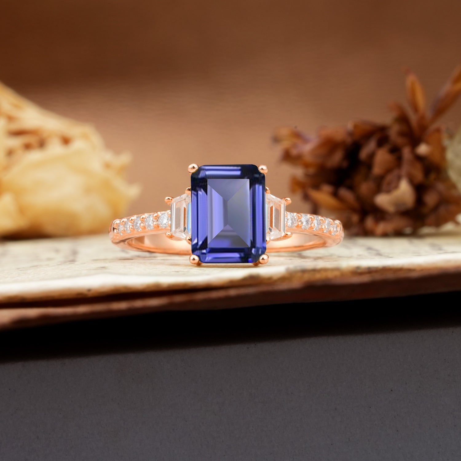 Luxurious Classic 4-Prong Emerald Cut Tanzanite Three Stones Wedding Ring