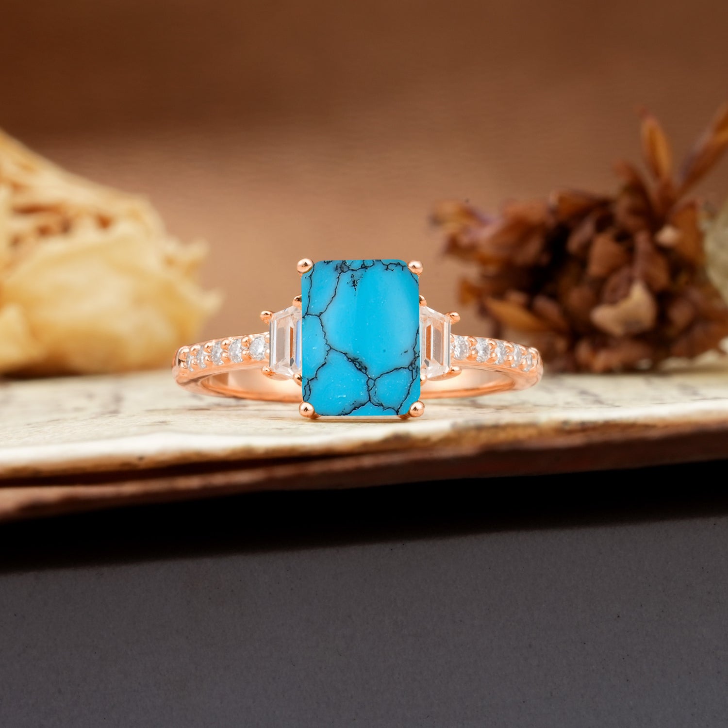 Luxurious Classic 4-Prong Emerald Cut Turquoise Three Stones Wedding Ring