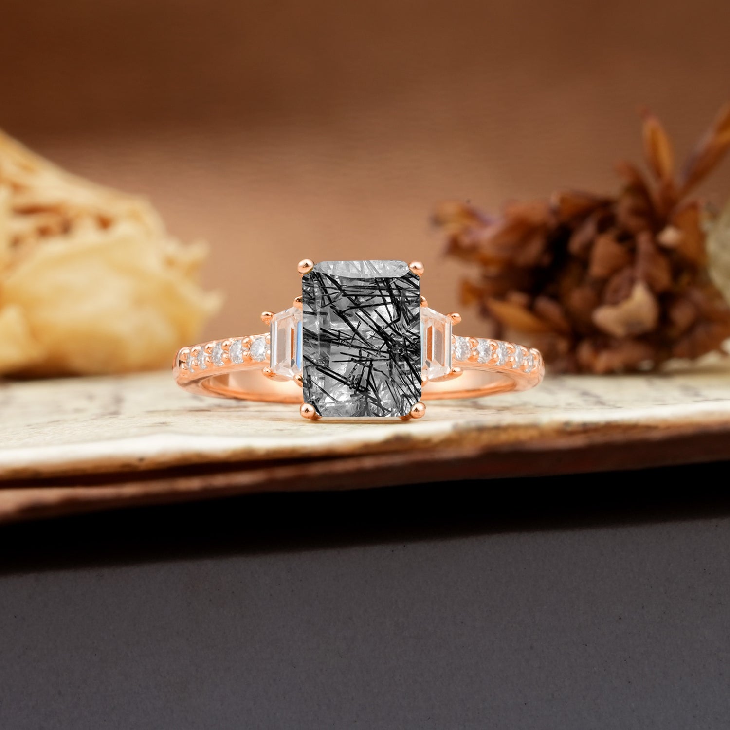 Luxurious Classic 4-Prong Emerald Cut Black Rutilated Quartz Three Stones Wedding Ring