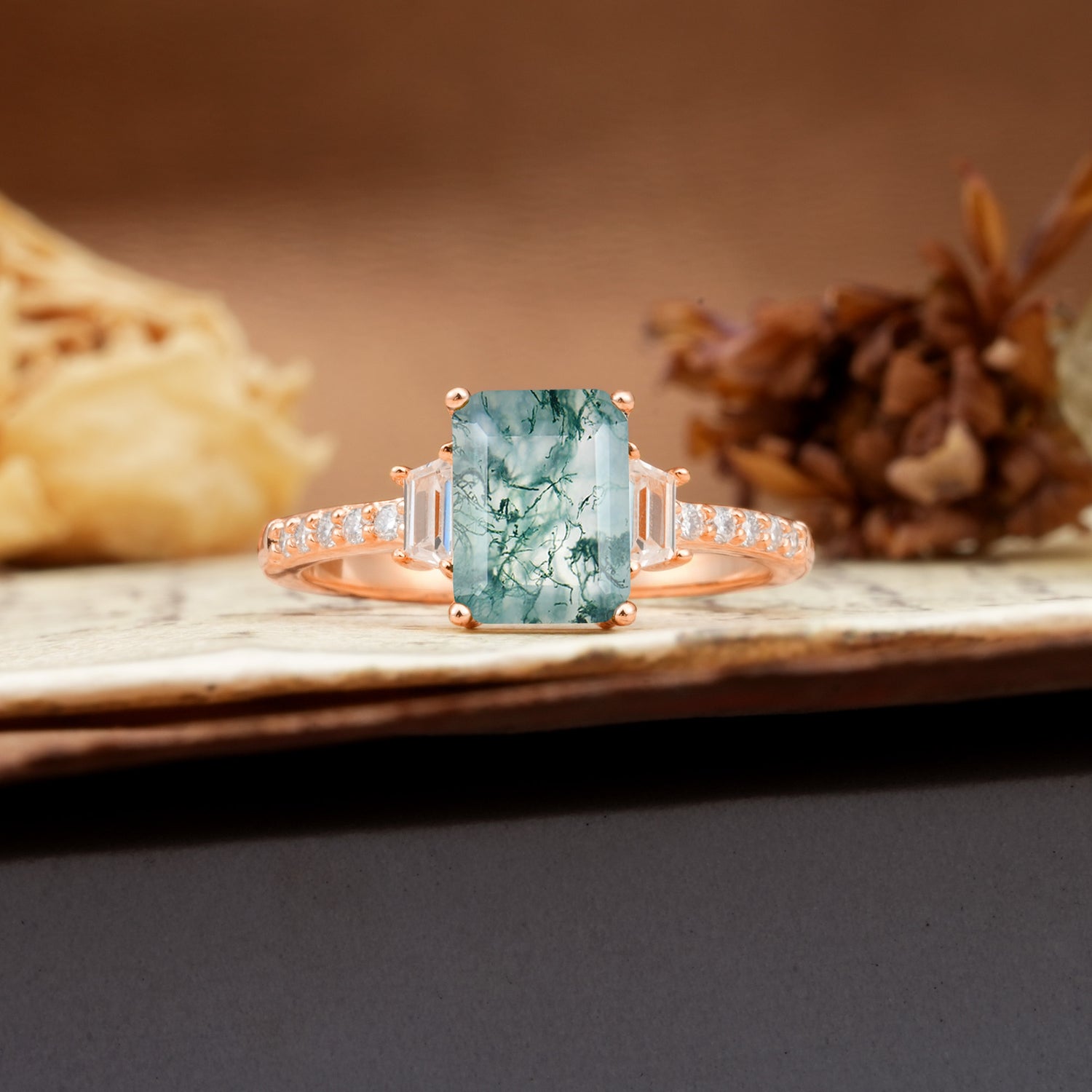Luxurious Classic 4-Prong Emerald Cut Moss Agate Three Stones Wedding Ring
