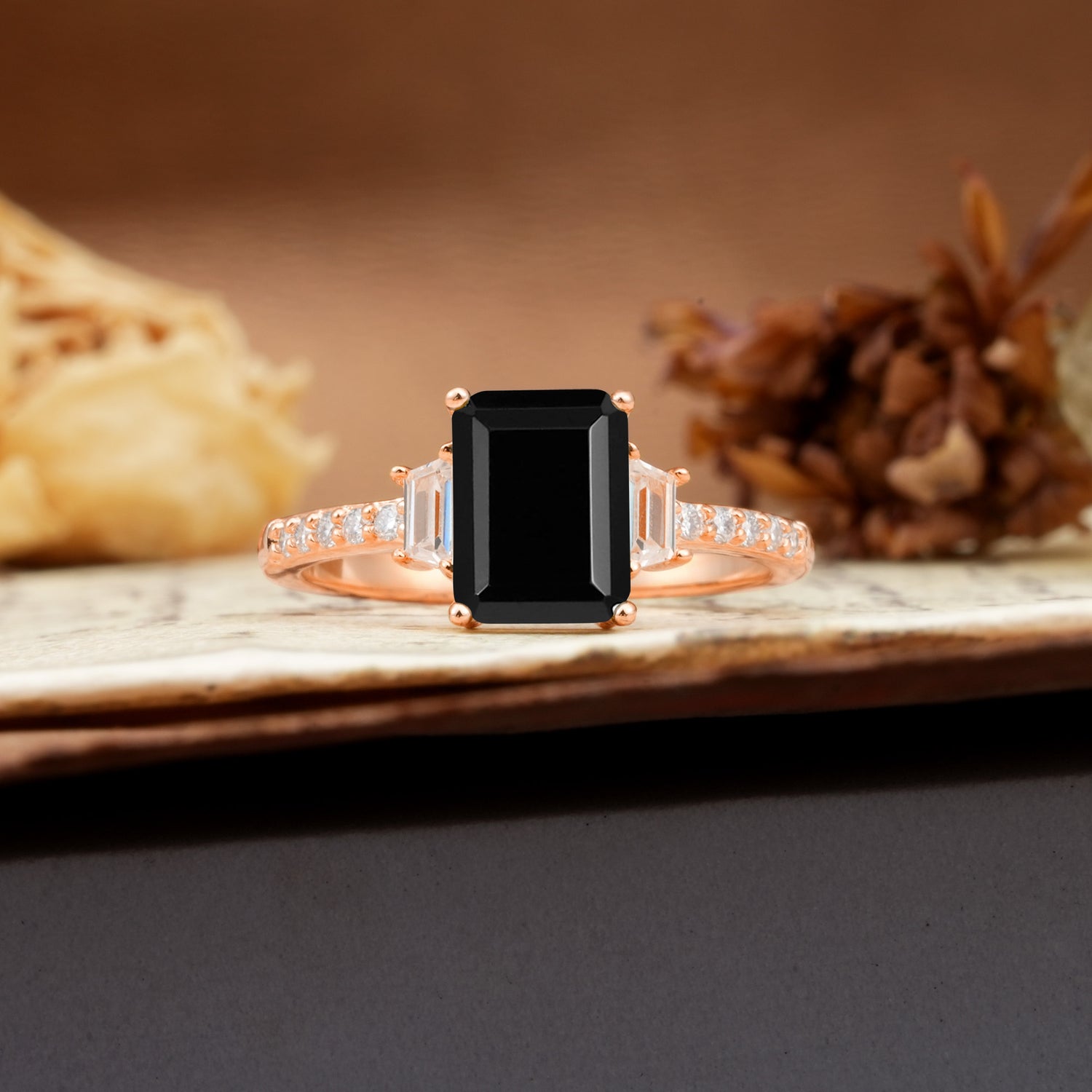 Luxurious Classic 4-Prong Emerald Cut Black Onyx Three Stones Wedding Ring