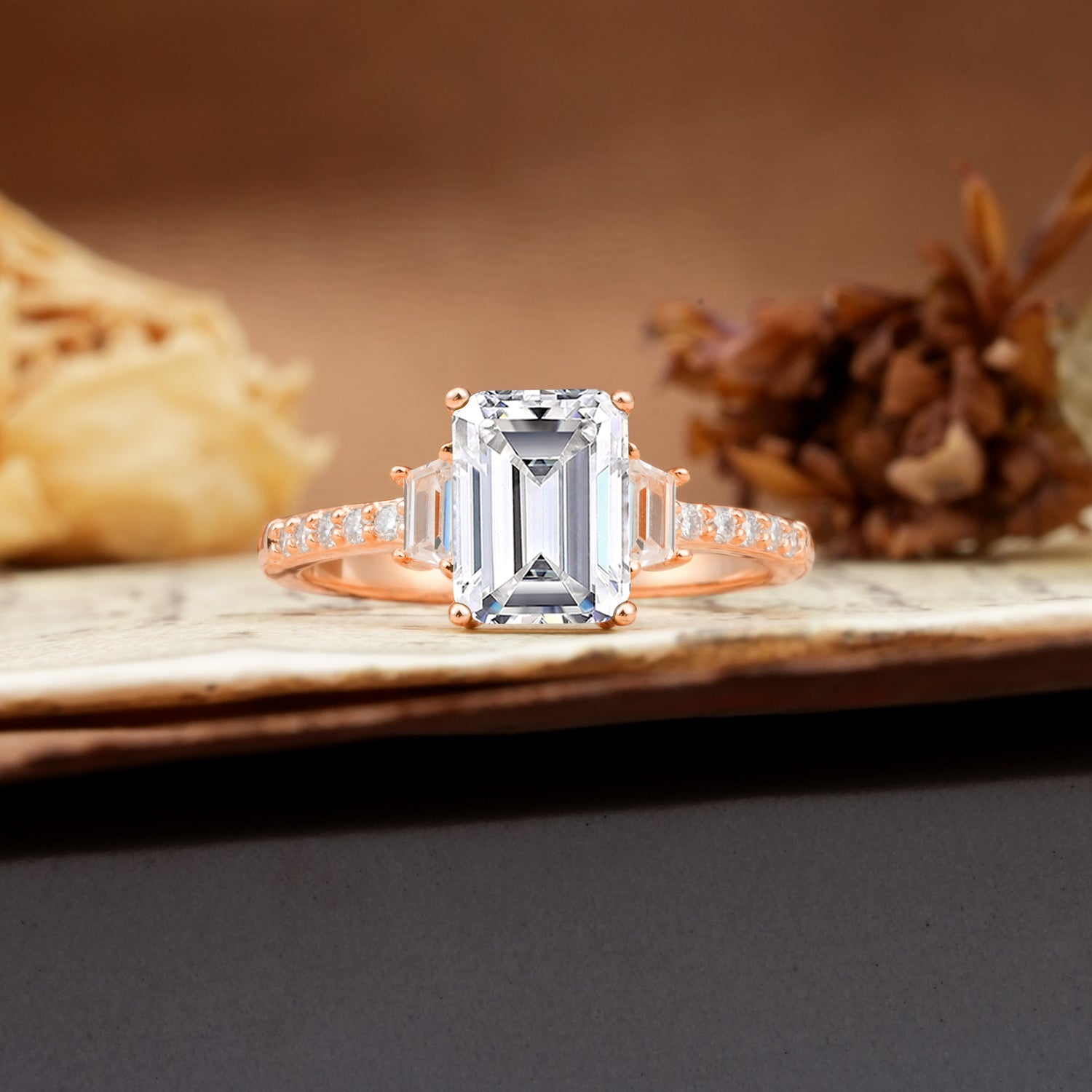 Luxurious Classic 4-Prong Emerald Cut Lab Diamond Three Stones Wedding Ring