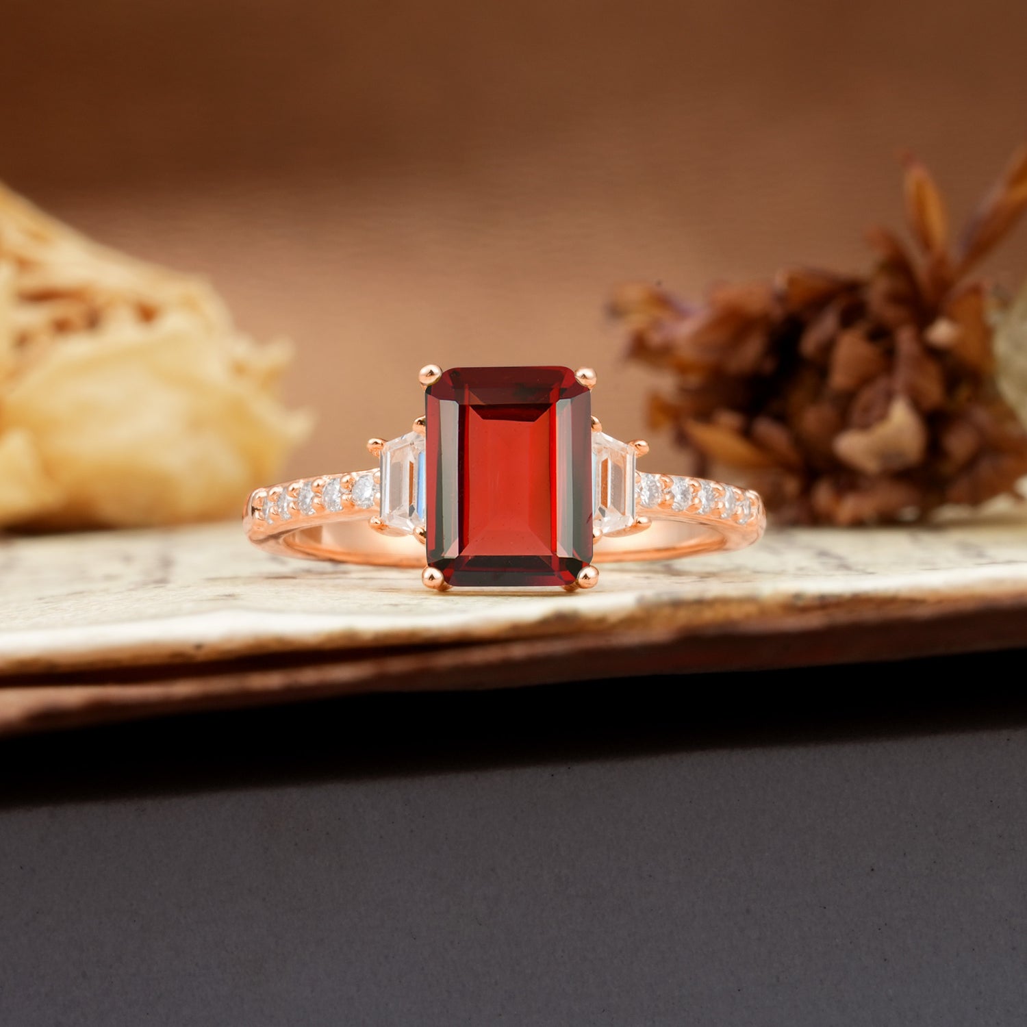 Luxurious Classic 4-Prong Emerald Cut Garnet Three Stones Wedding Ring