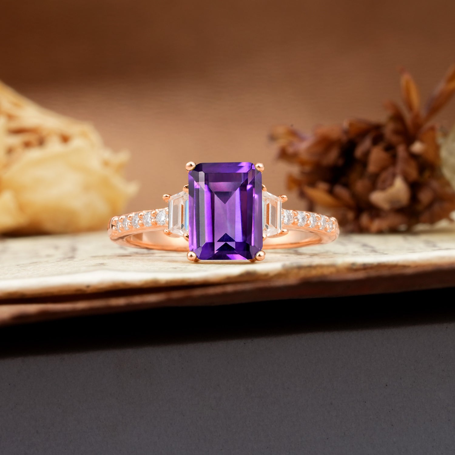 Luxurious Classic 4-Prong Emerald Cut Amethyst Three Stones Wedding Ring