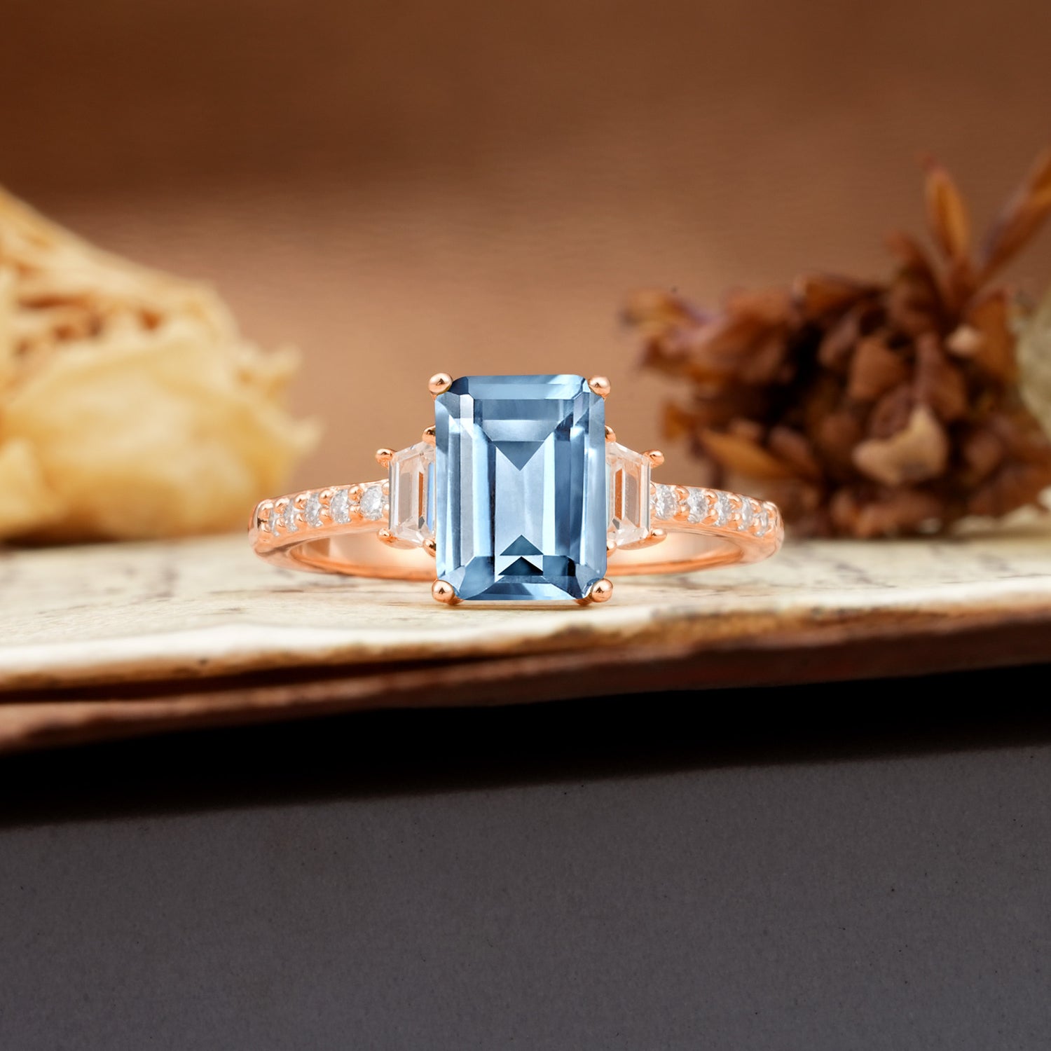 Luxurious Classic 4-Prong Emerald Cut Aquamarine Three Stones Wedding Ring