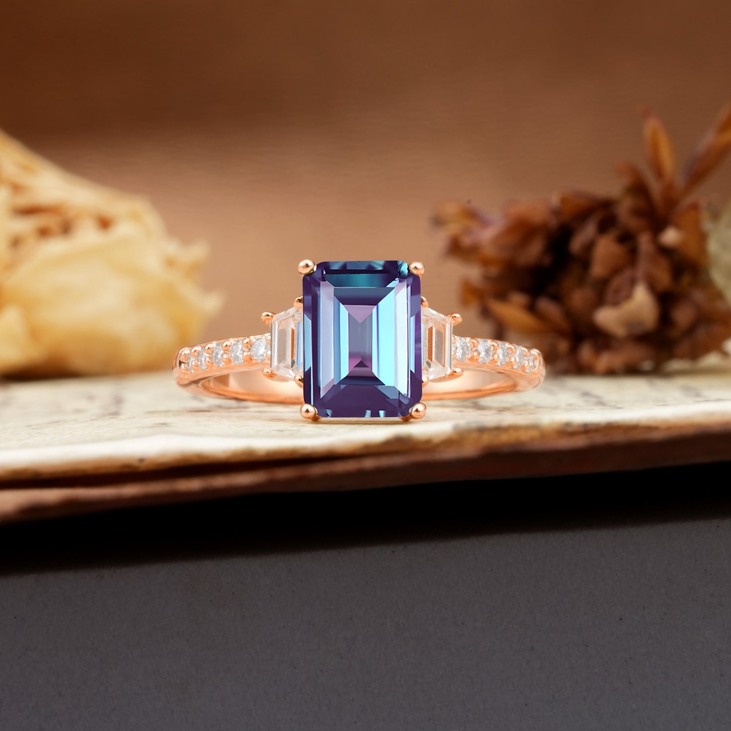 Luxurious Classic 4-Prong Emerald Cut Alexandrite Three Stones Wedding Ring