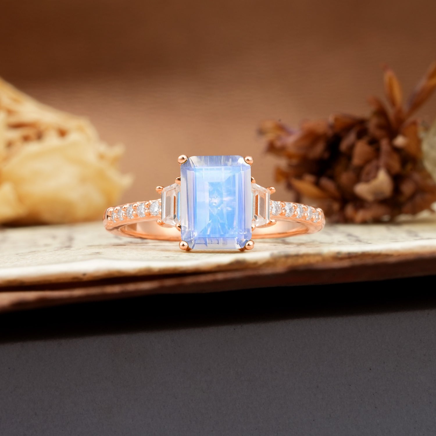 Luxurious Classic 4-Prong Emerald Cut Moonstone Three Stones Wedding Ring