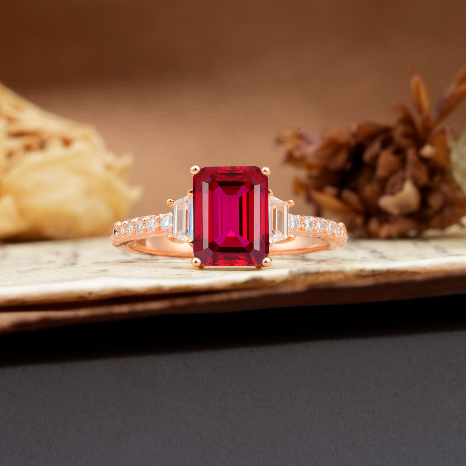 Luxurious Classic 4-Prong Emerald Cut Ruby Three Stones Wedding Ring