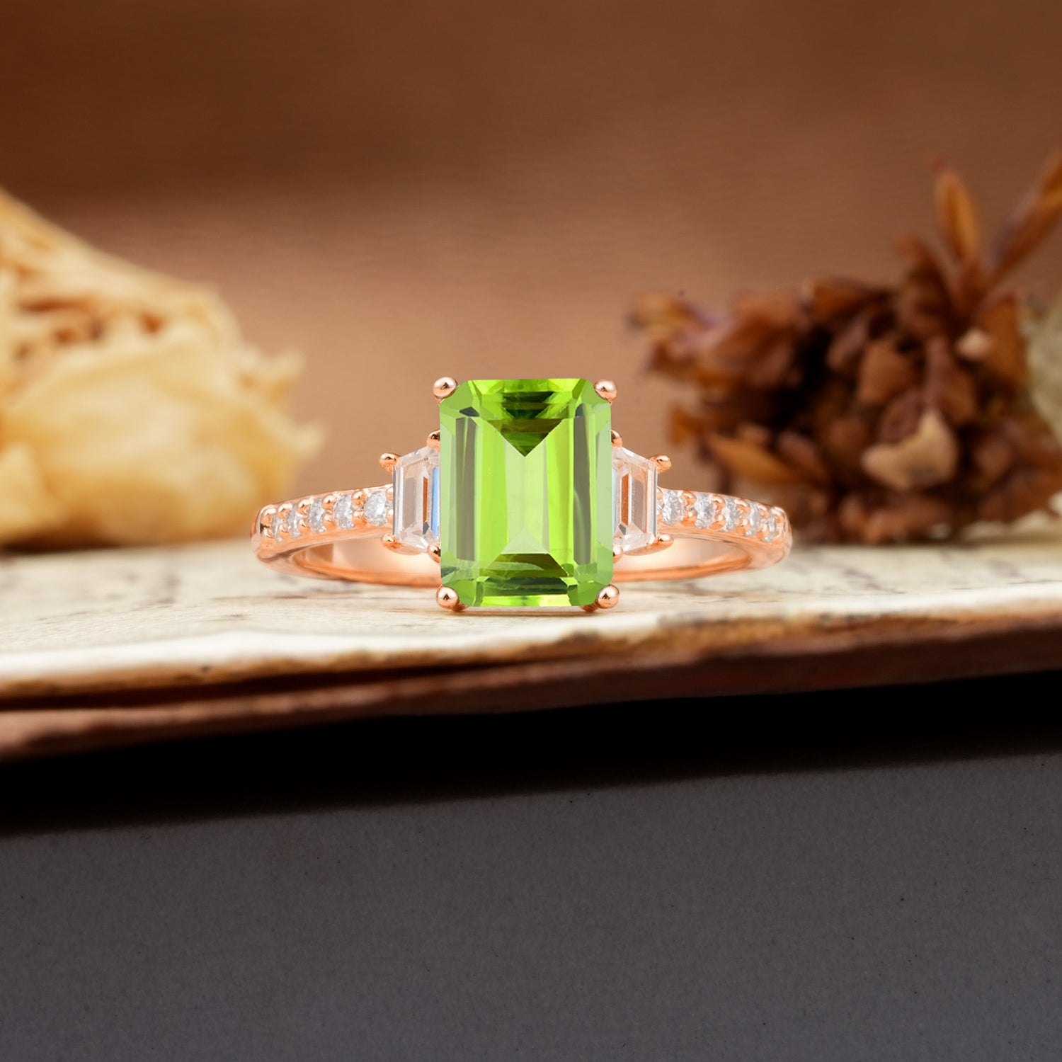 Luxurious Classic 4-Prong Emerald Cut Peridot Three Stones Wedding Ring