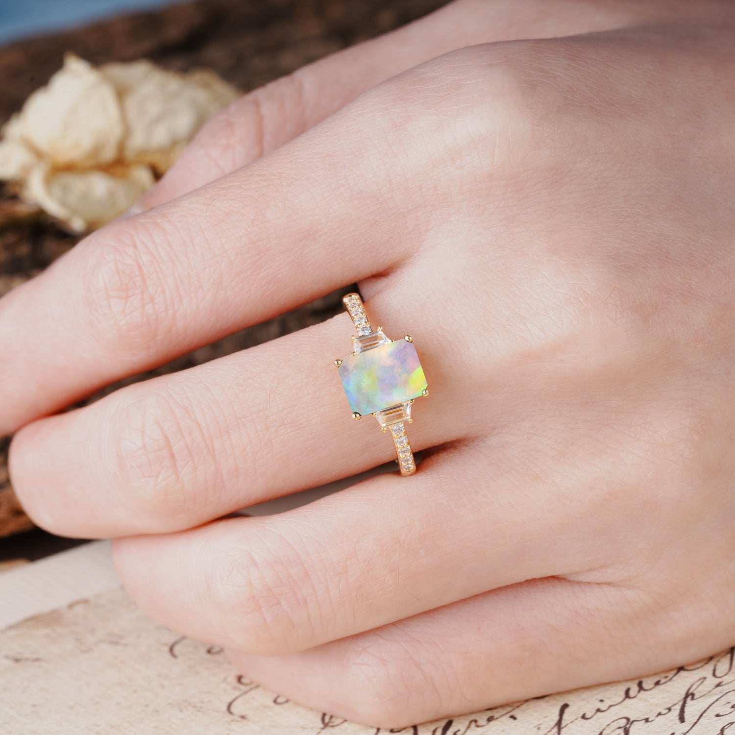Luxurious Classic 4-Prong Emerald Cut Fire Opal Three Stones Wedding Ring