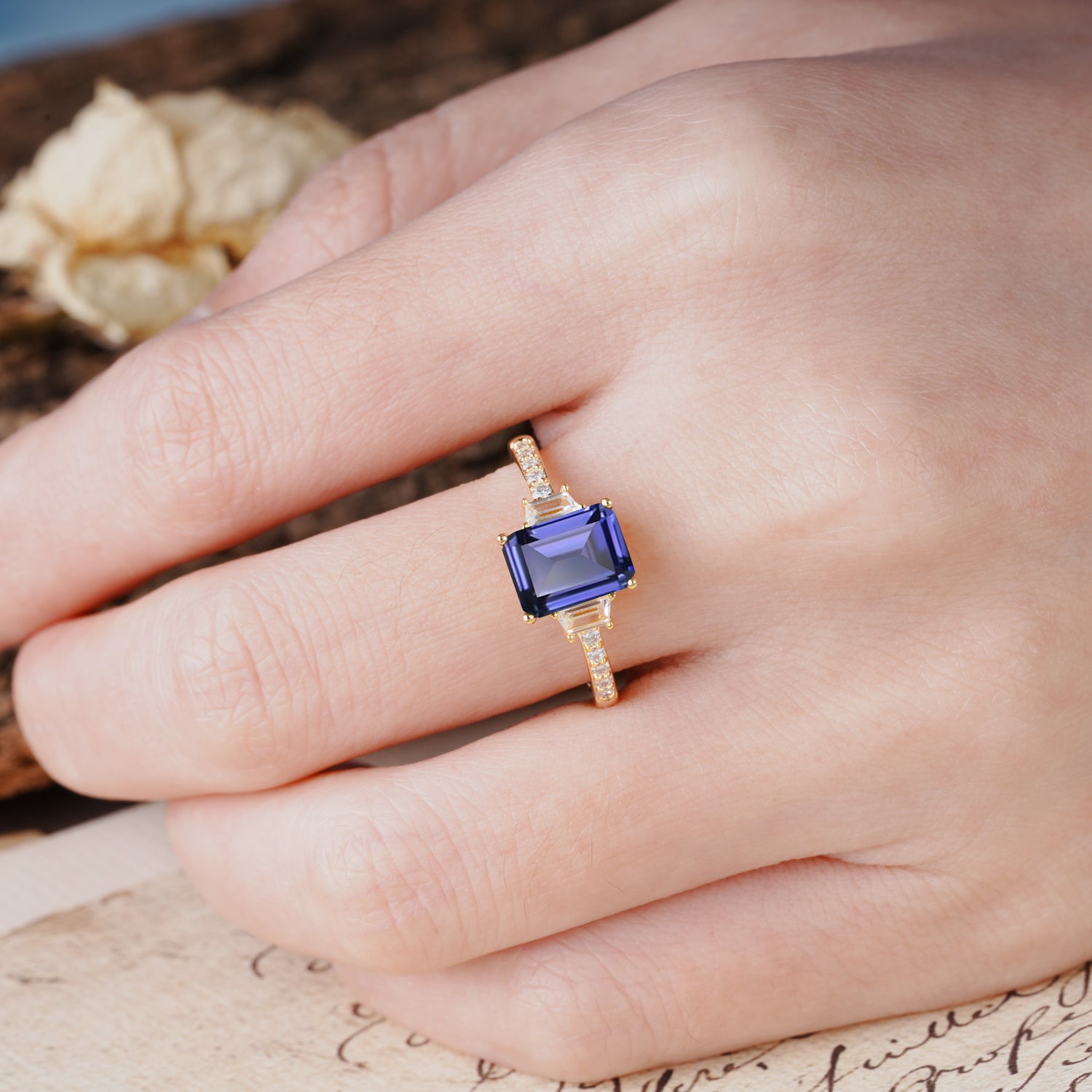 Luxurious Classic 4-Prong Emerald Cut Tanzanite Three Stones Wedding Ring