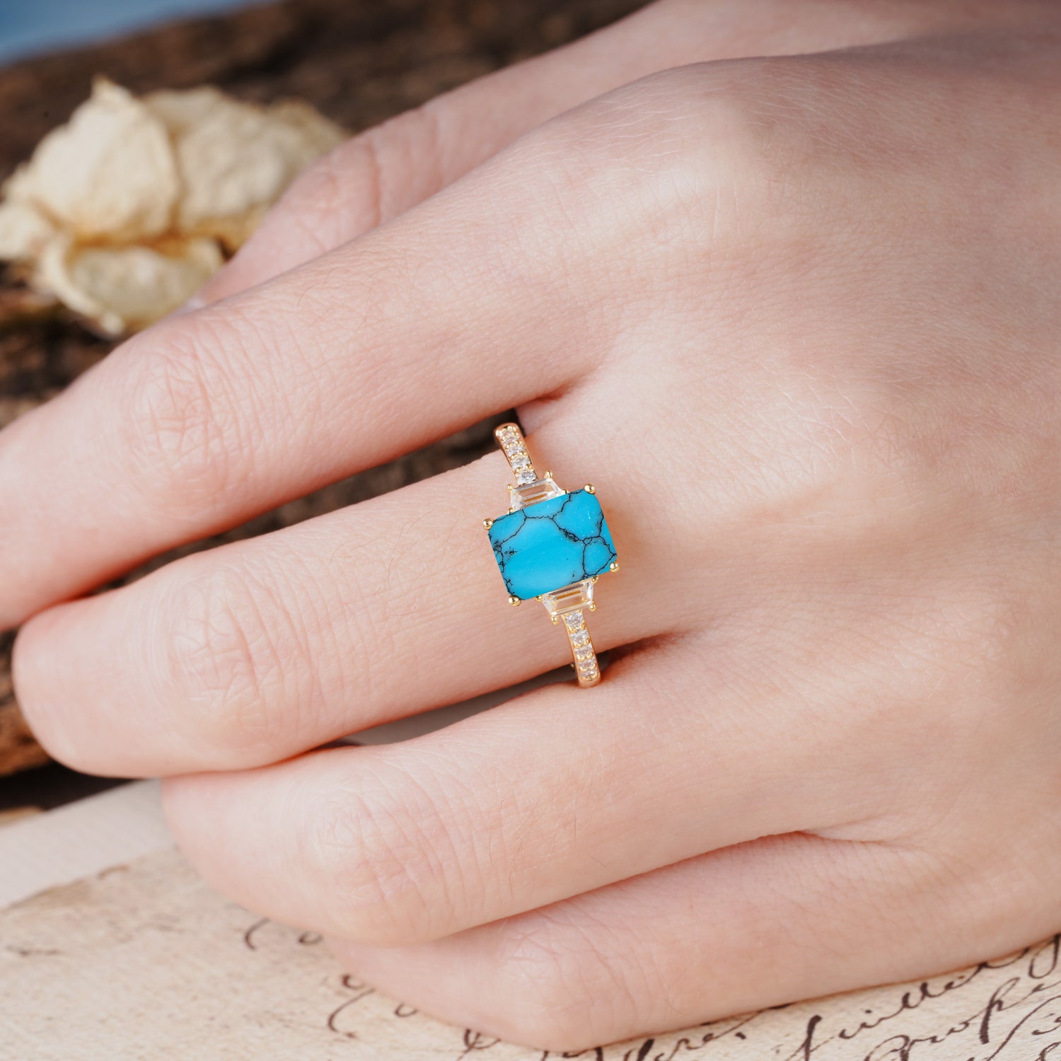 Luxurious Classic 4-Prong Emerald Cut Turquoise Three Stones Wedding Ring
