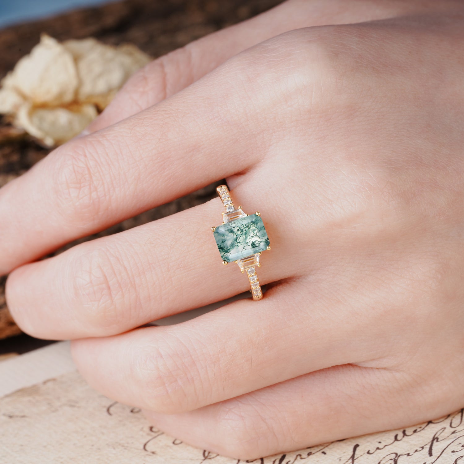 Luxurious Classic 4-Prong Emerald Cut Moss Agate Three Stones Wedding Ring