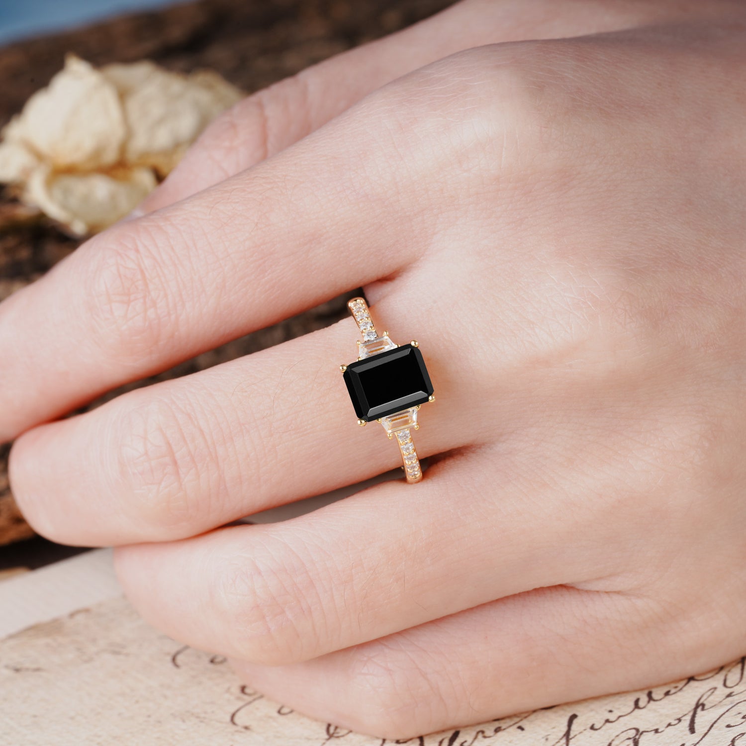 Luxurious Classic 4-Prong Emerald Cut Black Onyx Three Stones Wedding Ring