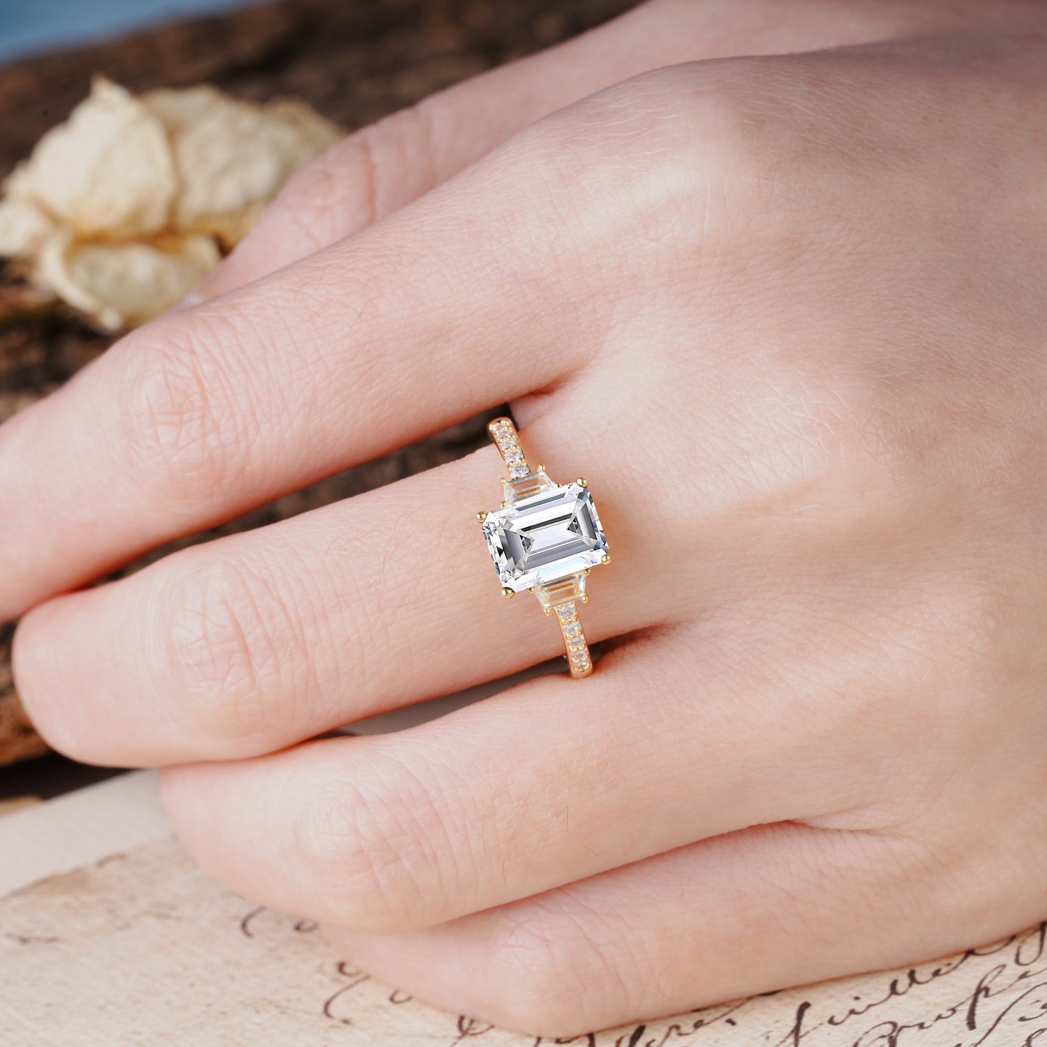Luxurious Classic 4-Prong Emerald Cut Lab Diamond Three Stones Wedding Ring