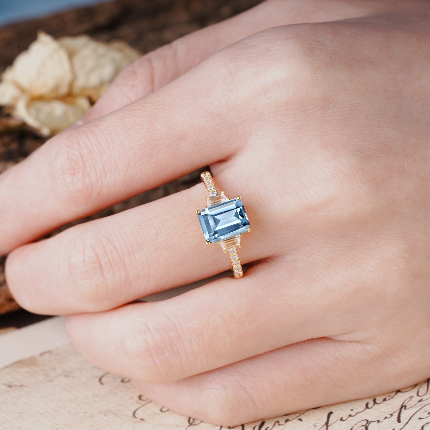 Luxurious Classic 4-Prong Emerald Cut Aquamarine Three Stones Wedding Ring