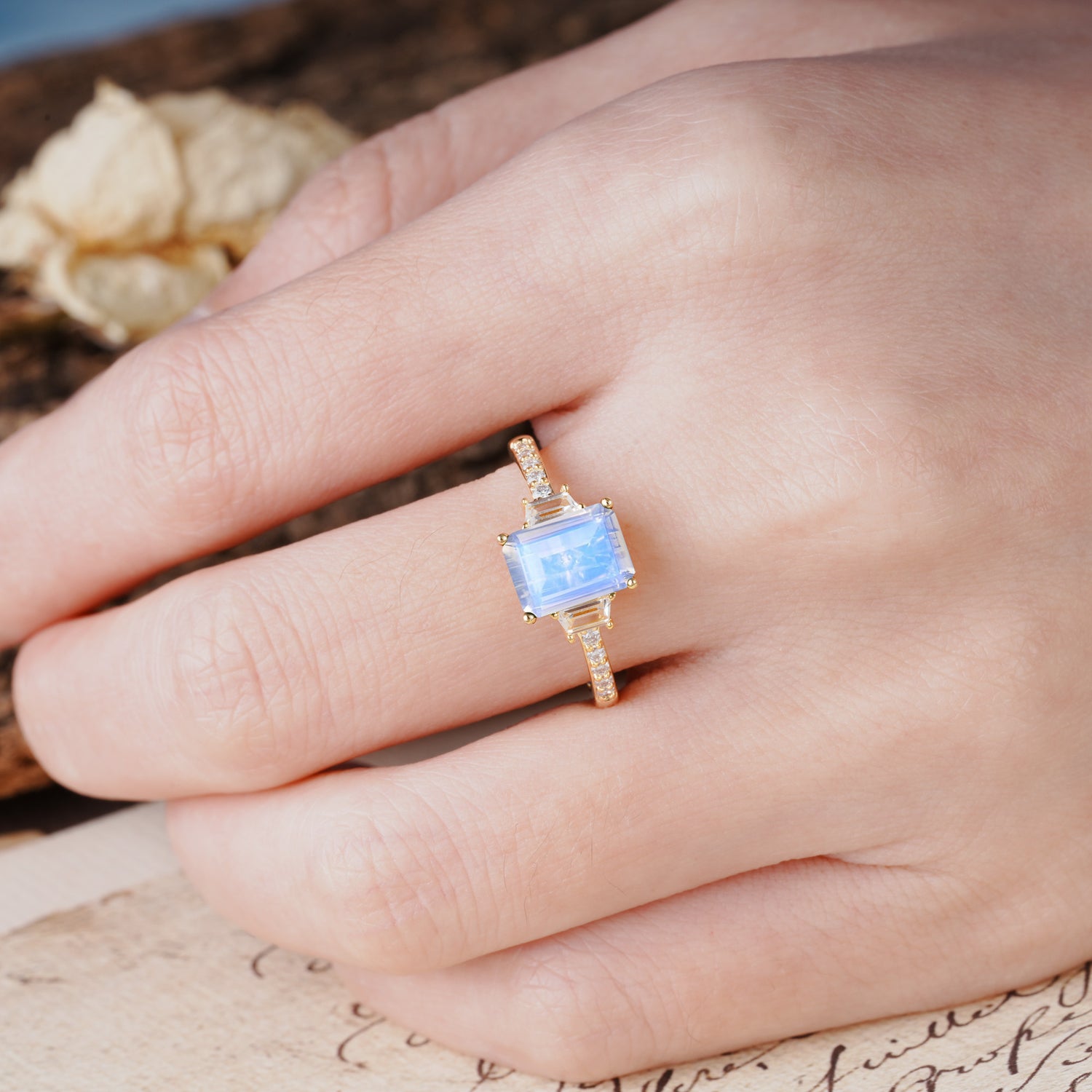 Luxurious Classic 4-Prong Emerald Cut Moonstone Three Stones Wedding Ring